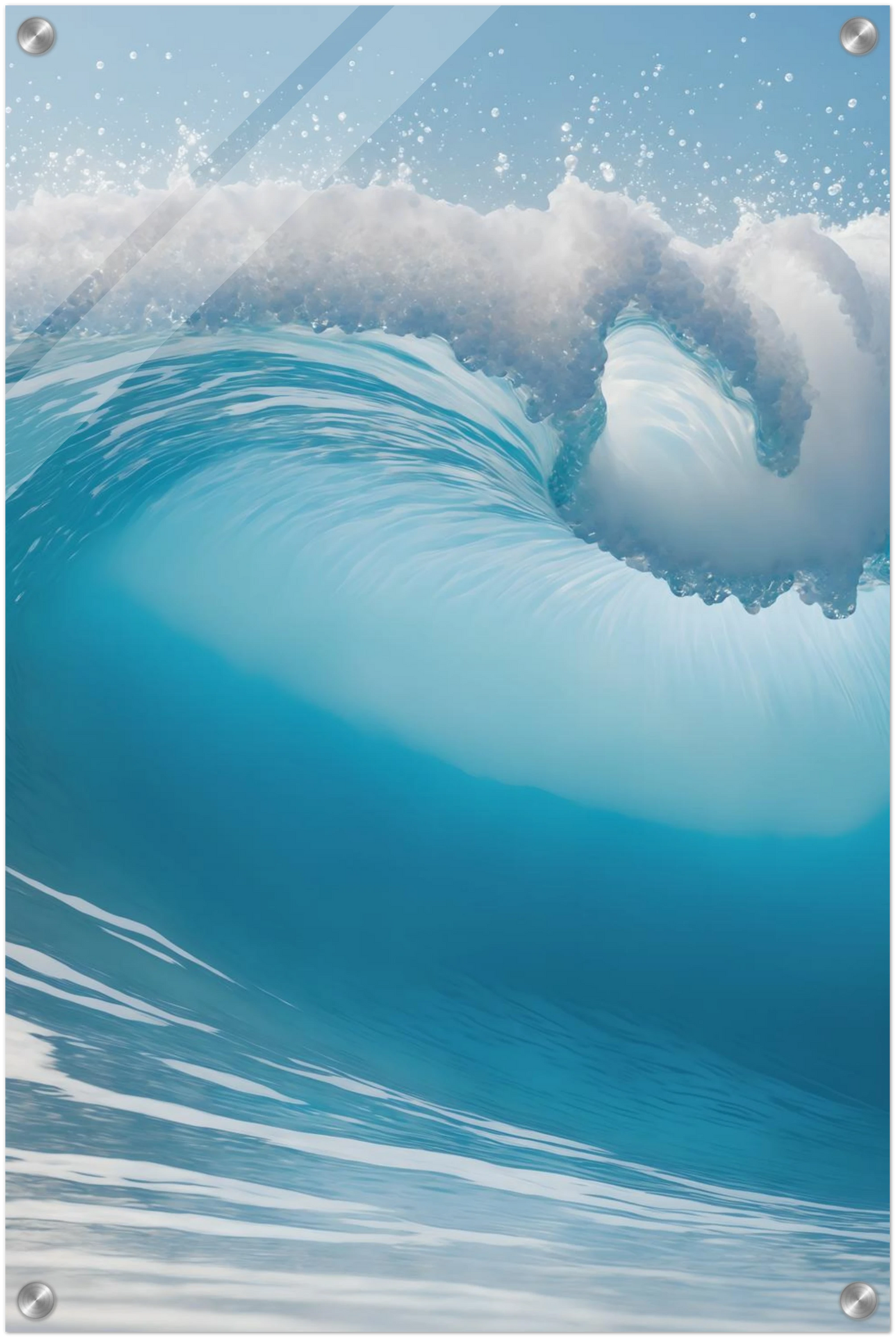 Abstraktes Wandbild einer brechenden Meereswelle in Türkis und Blau mit weißer Gischt. 40x60 cm. Acryl