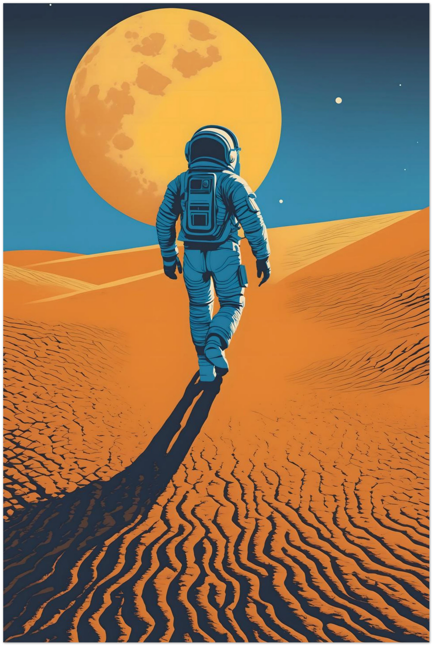 Illustration eines Astronauten, der bei Nacht durch eine orangefarbene Wüstenlandschaft unter einem großen Vollmond wandert. 40x60 cm. Dibond