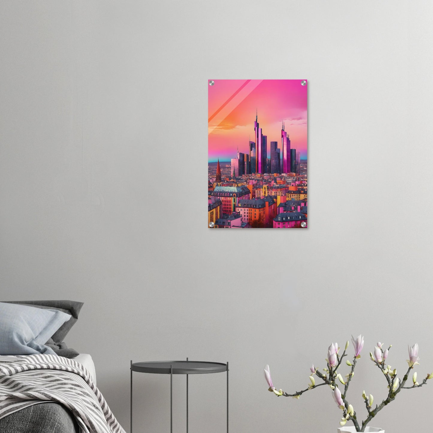 Buntes Wandbild der Frankfurter Skyline in intensiven Pink- und Violetttönen im modernen Pop-Art-Illustrationsstil. 40x60 cm. Acryl