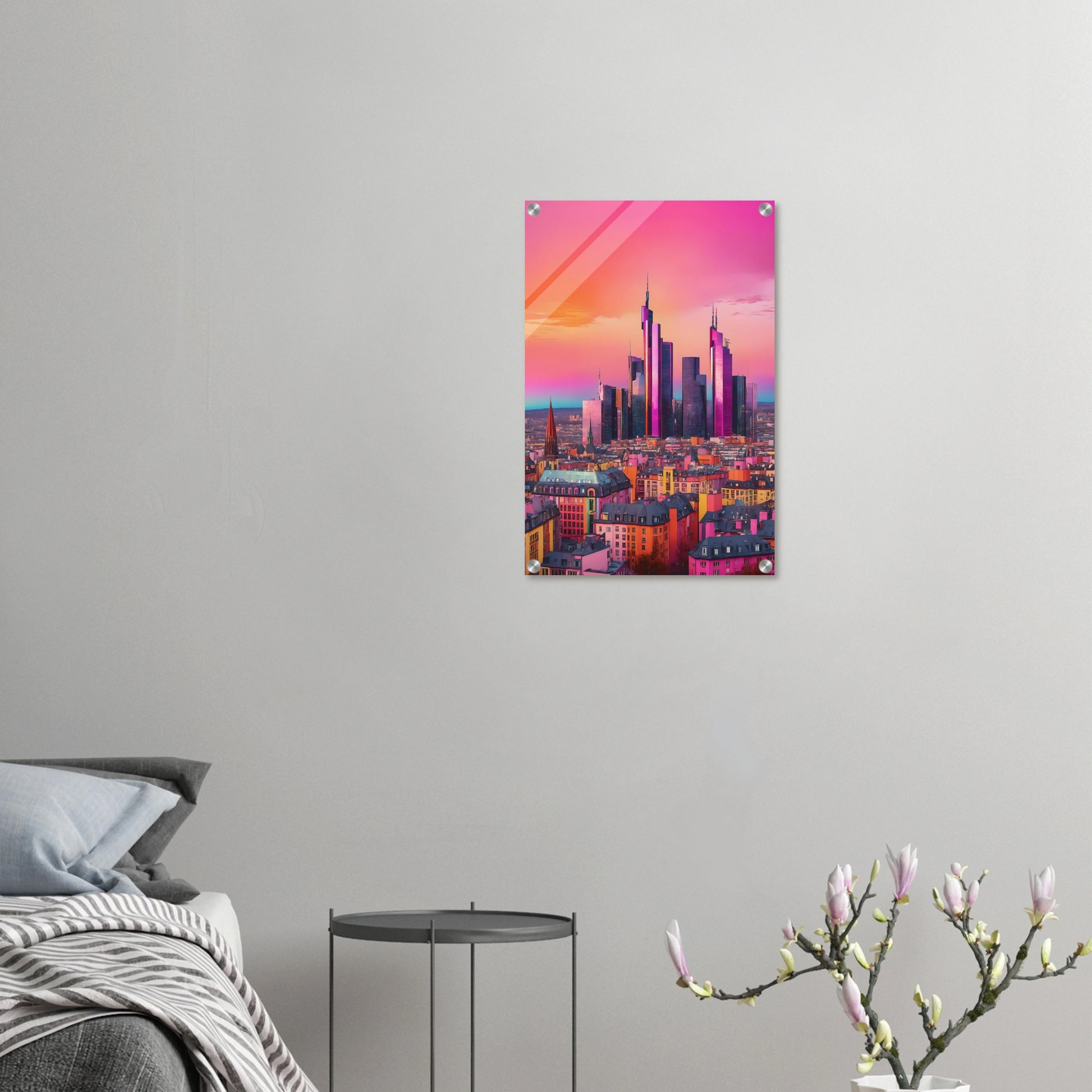 Buntes Wandbild der Frankfurter Skyline in intensiven Pink- und Violetttönen im modernen Pop-Art-Illustrationsstil. 40x60 cm. Acryl