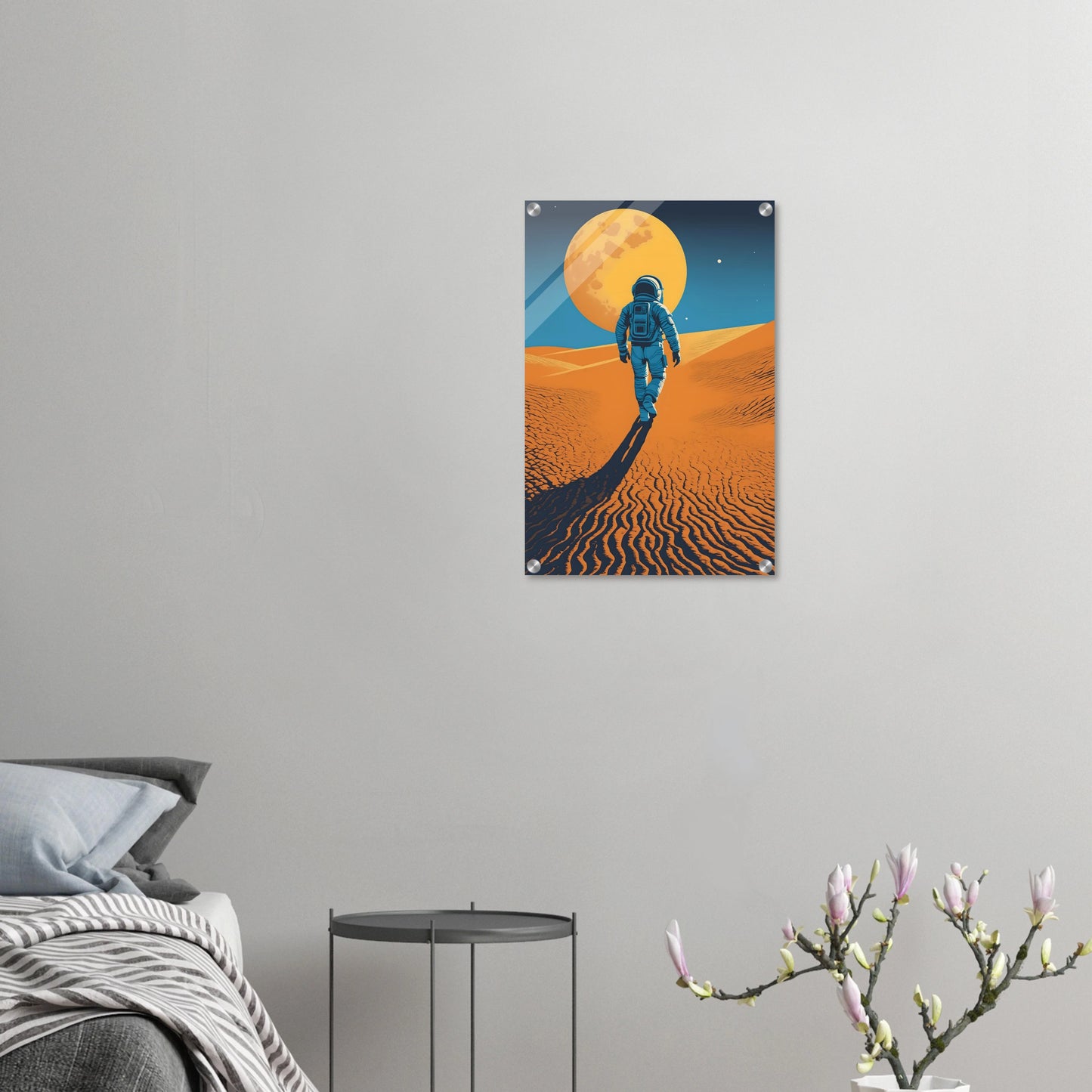Illustration eines Astronauten, der bei Nacht durch eine orangefarbene Wüstenlandschaft unter einem großen Vollmond wandert. 40x60 cm. Acryl