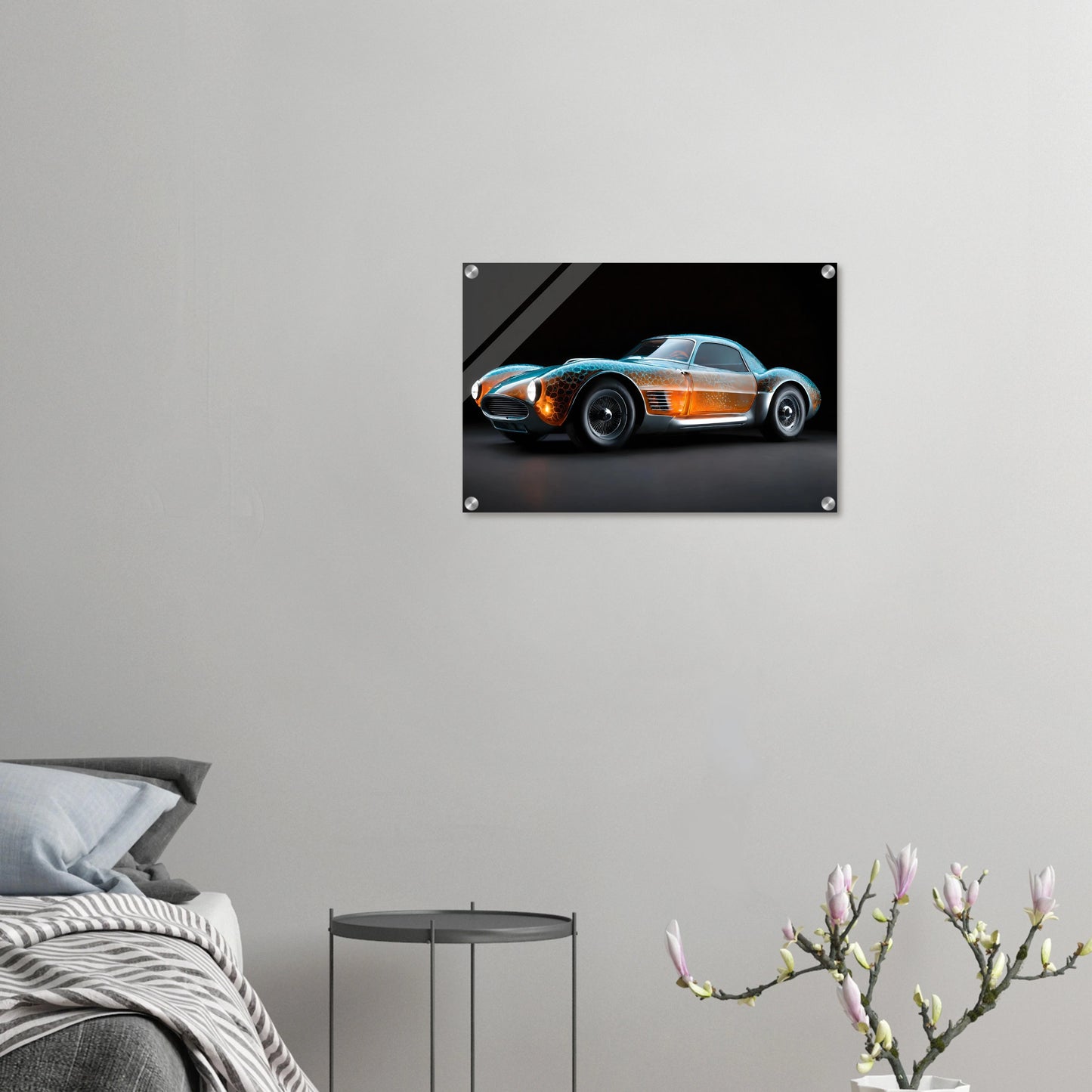 Digitales Kunstwerk eines klassischen Sportwagens mit einer transparenten, bernsteinfarbenen Karosserie und blauen Lichtreflexen. 40x60 cm. Acryl