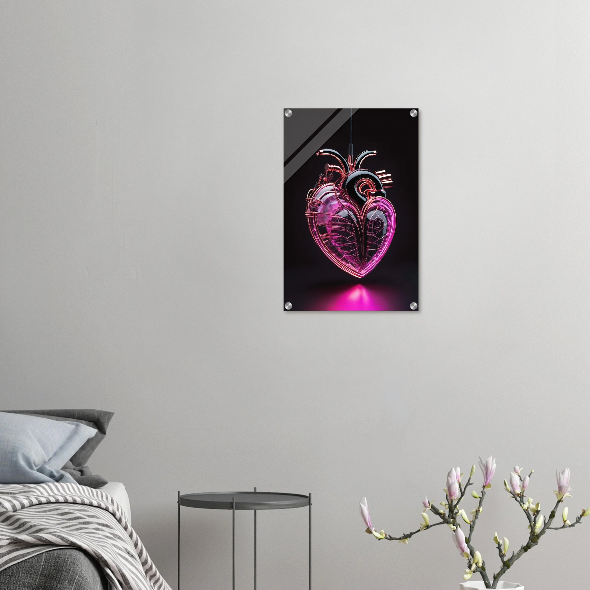 Digitales Kunstwerk eines anatomischen Herzens mit leuchtend pinken Neon-Strukturen und glänzenden schwarzen Oberflächen auf dunklem Grund. 40x60 cm. Acryl