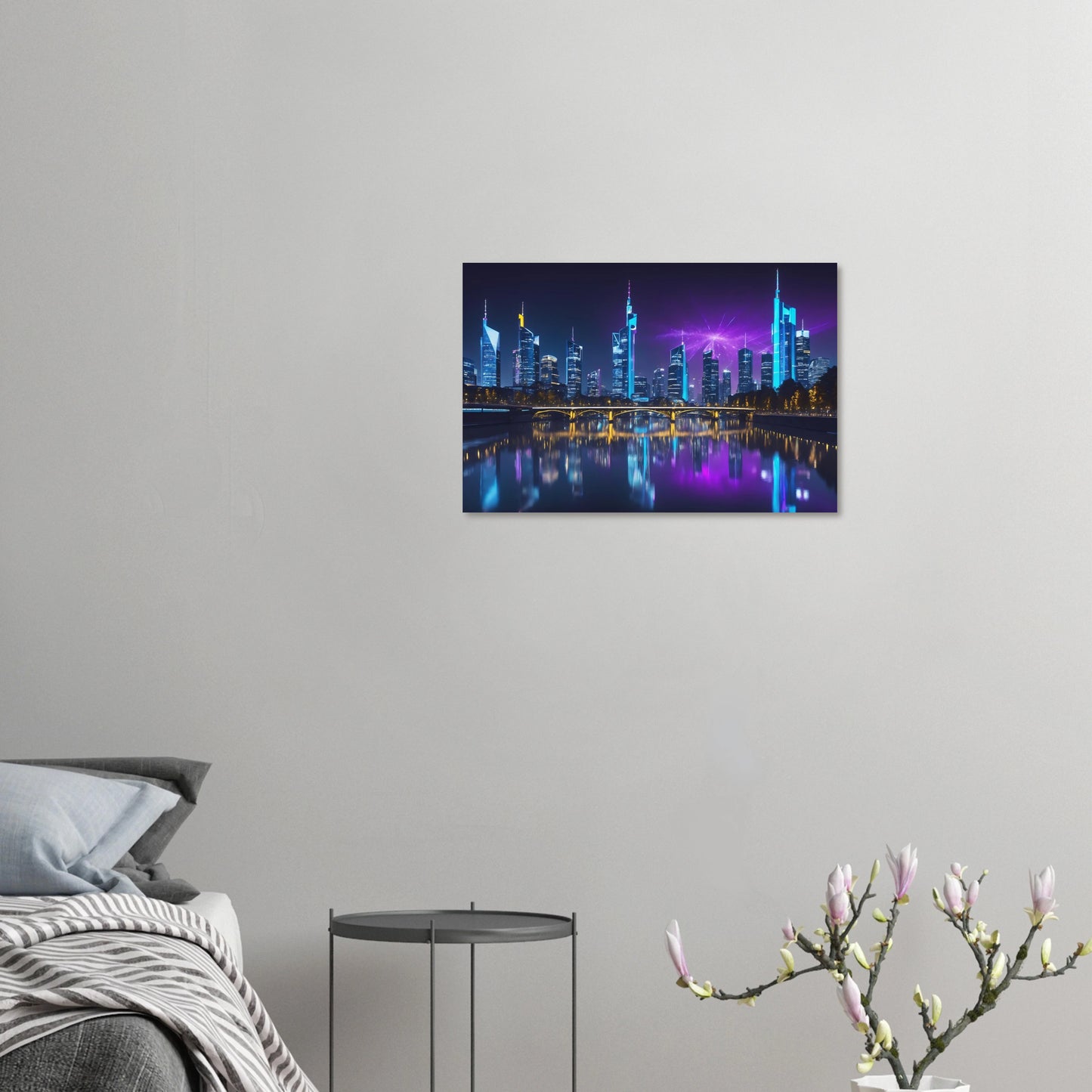 Modernes Wandbild der Frankfurter Skyline bei Nacht mit beleuchteten Wolkenkratzern und violetten Lichteffekten am Himmel. 40x60 cm. Dibond