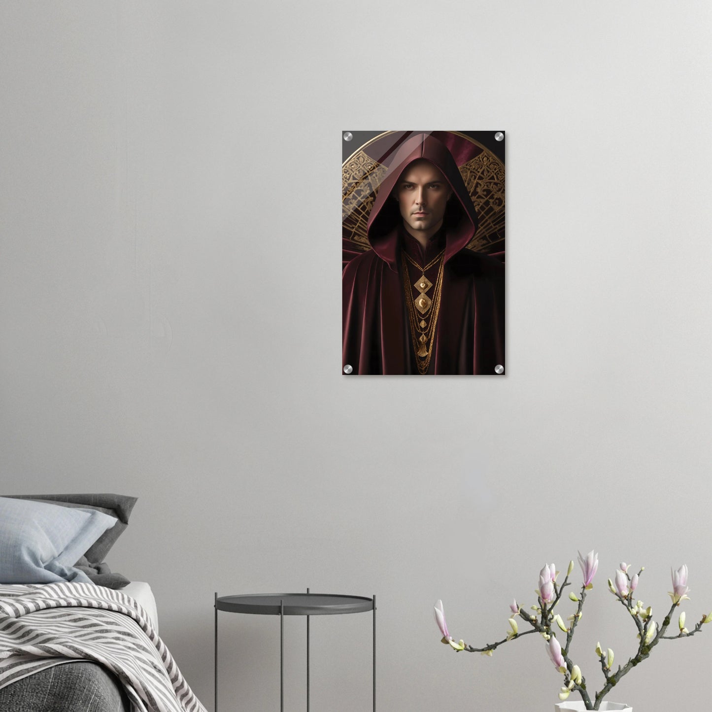 Digitales Kunstwerk einer männlichen Gestalt mit purpurner Kapuze, goldenen Ketten und kunstvollem Hintergrund. 40x60 cm. Acryl