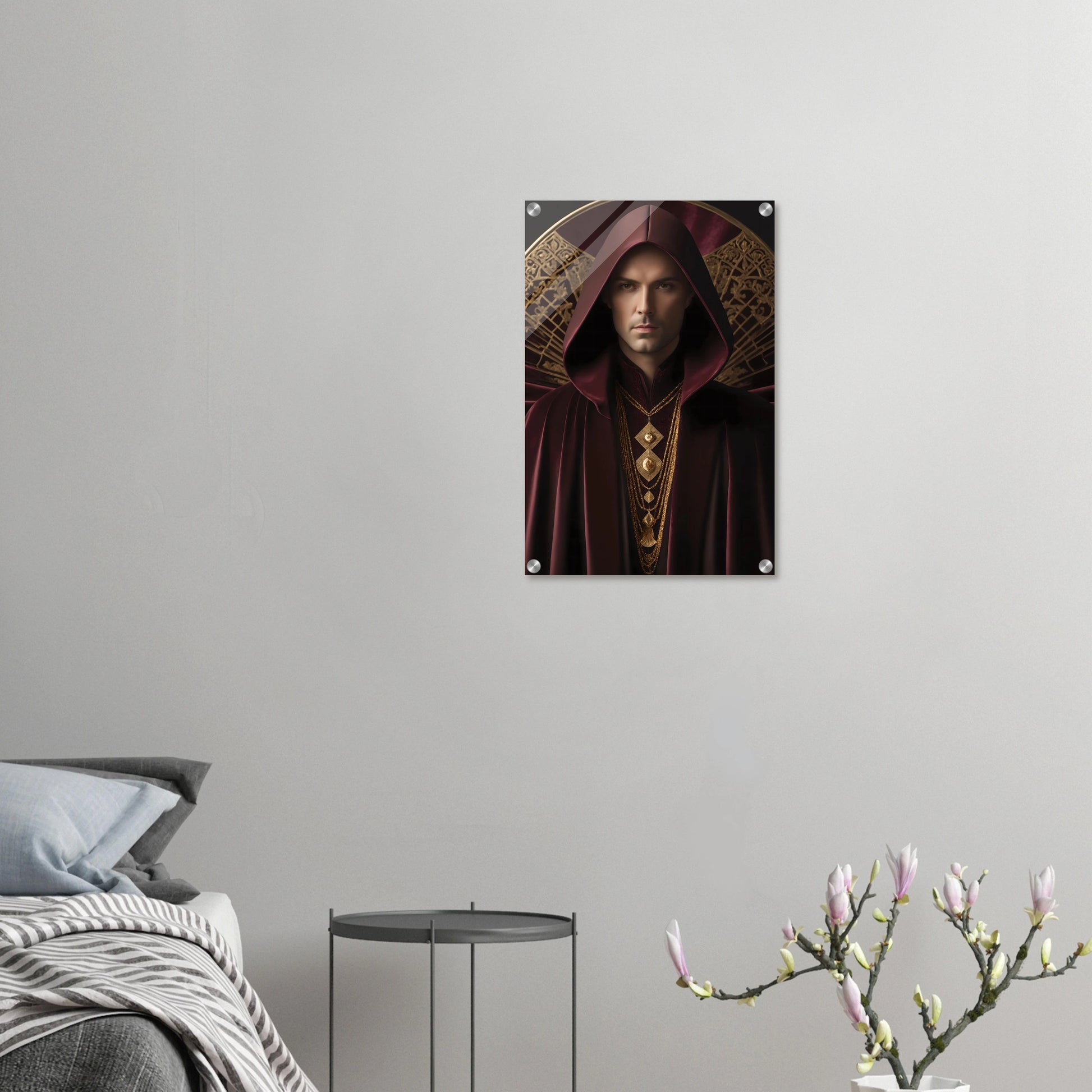 Digitales Kunstwerk einer männlichen Gestalt mit purpurner Kapuze, goldenen Ketten und kunstvollem Hintergrund. 40x60 cm. Acryl