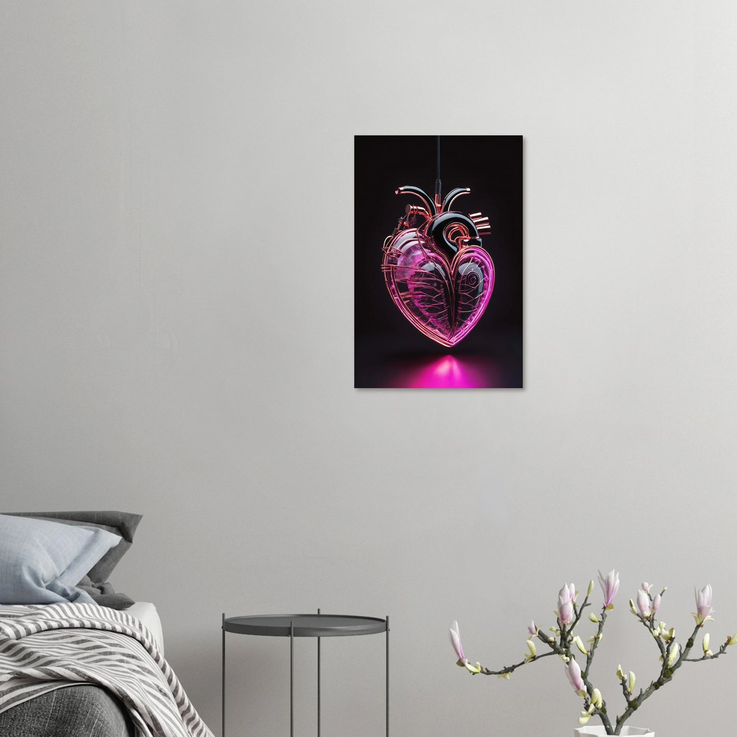Digitales Kunstwerk eines anatomischen Herzens mit leuchtend pinken Neon-Strukturen und glänzenden schwarzen Oberflächen auf dunklem Grund. 40x60 cm. Dibond