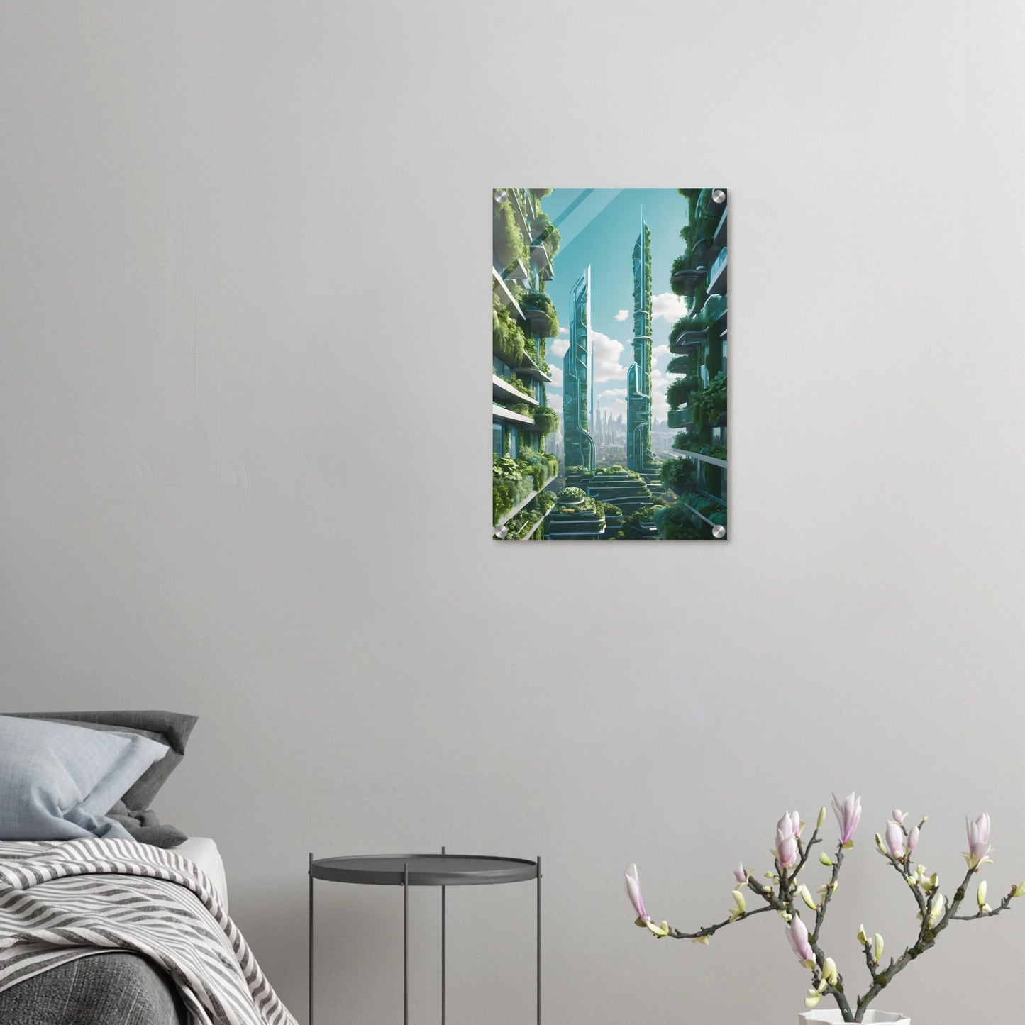 Digitales Kunstwerk einer futuristischen Stadt mit extrem hohen, schlanken Wolkenkratzern, die über und über mit grünen Pflanzen bewachsen sind. 40x60 cm. Acryl