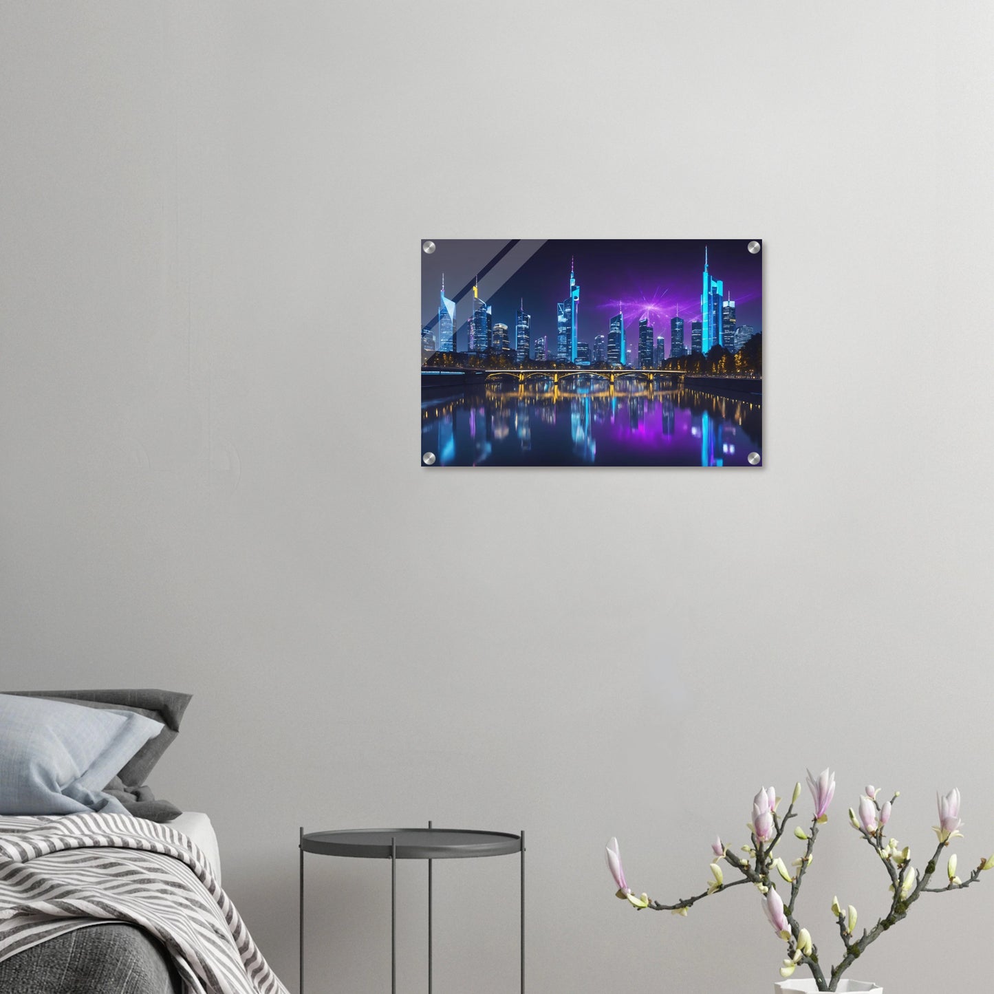 Modernes Wandbild der Frankfurter Skyline bei Nacht mit beleuchteten Wolkenkratzern und violetten Lichteffekten am Himmel. 40x60 cm. Acryl