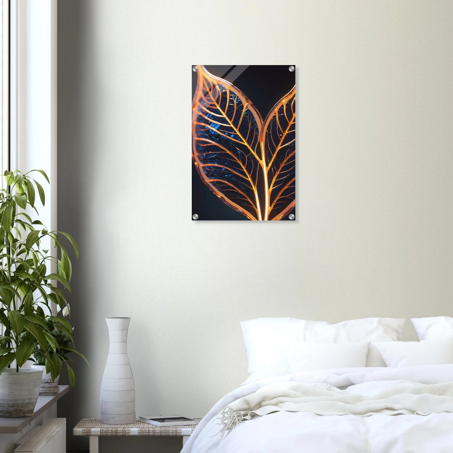 Modernes Wandbild mit zwei goldenen, gläsernen Blättern in Makroaufnahme auf dunklem Hintergrund, Format 40x60 cm. Acryl