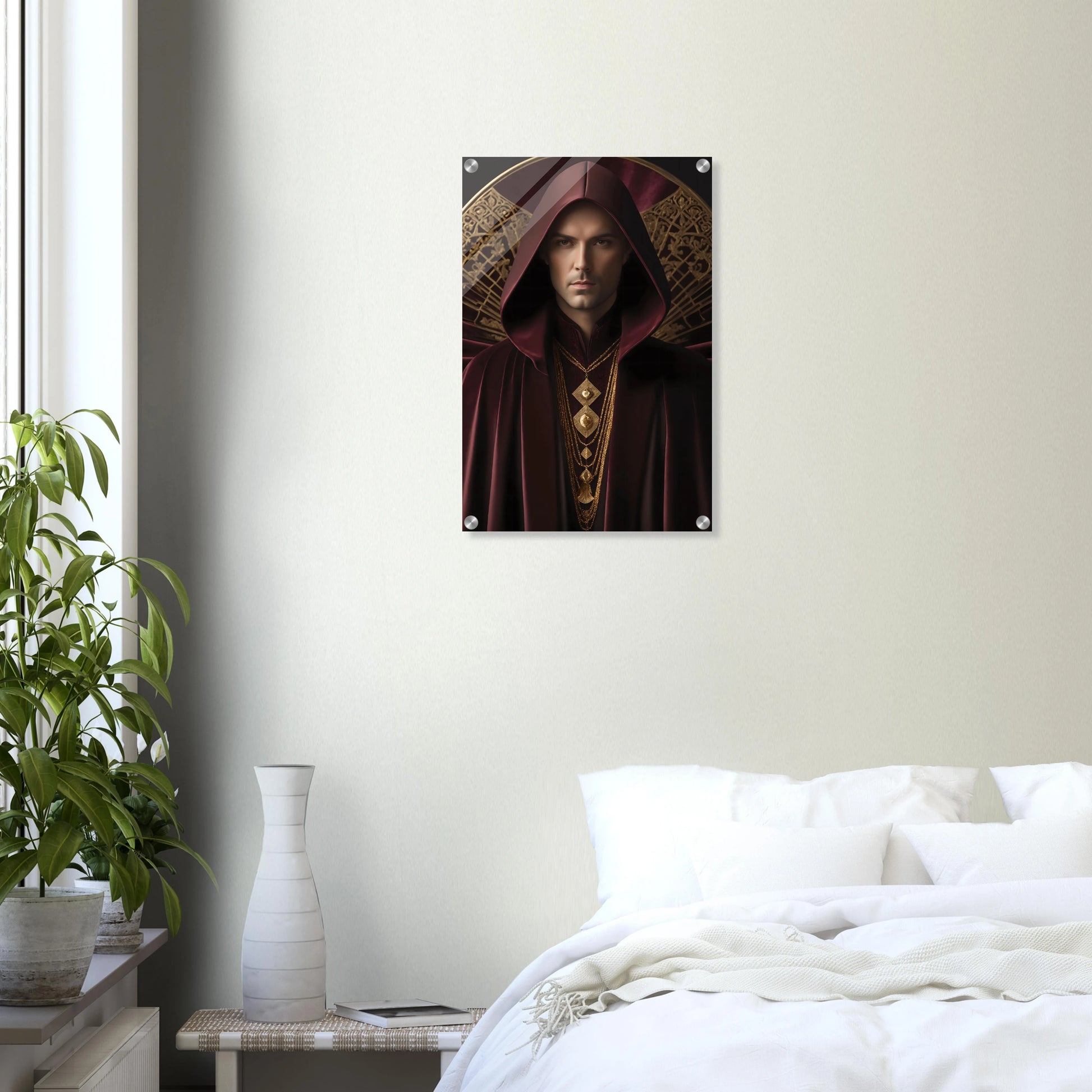 Digitales Kunstwerk einer männlichen Gestalt mit purpurner Kapuze, goldenen Ketten und kunstvollem Hintergrund. 40x60 cm. Acryl