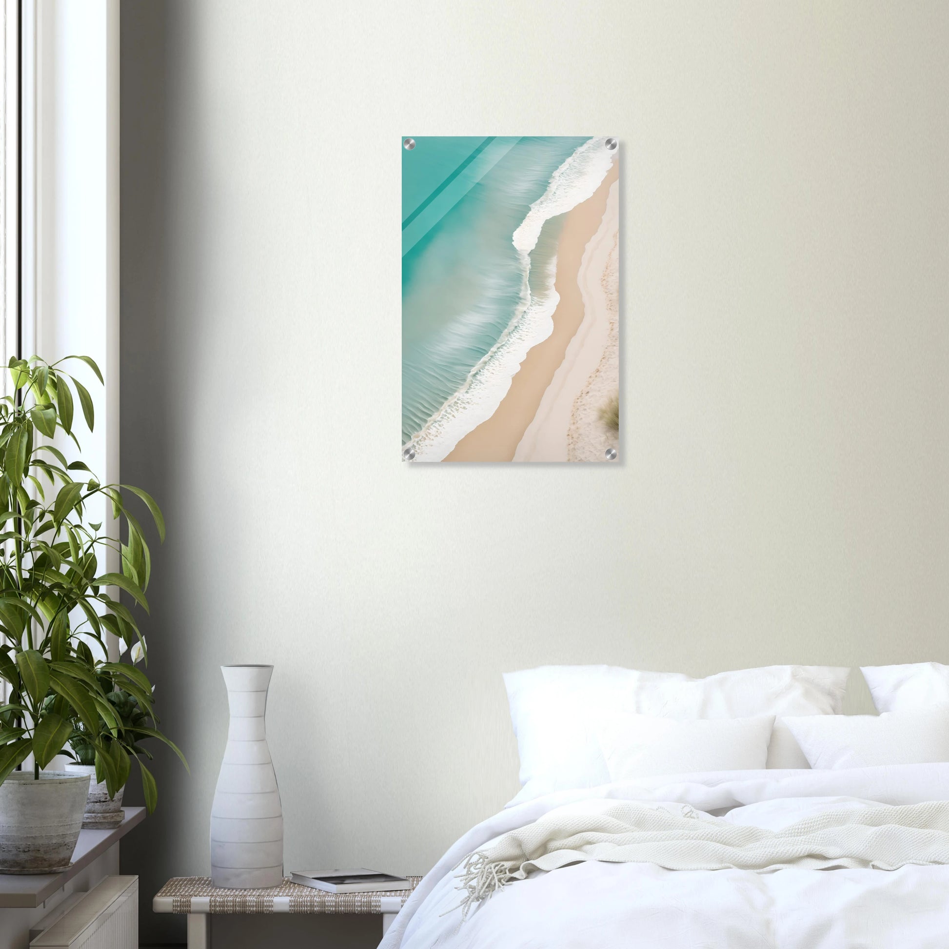 Traumhaftes Strand-Wandbild: Türkisfarbenes Meer und weißer Sand aus der Luftaufnahme. Minimalistisches Küsten-Design für Ihr Zuhause. Jetzt online kaufen! 40x60 cm. Acryl