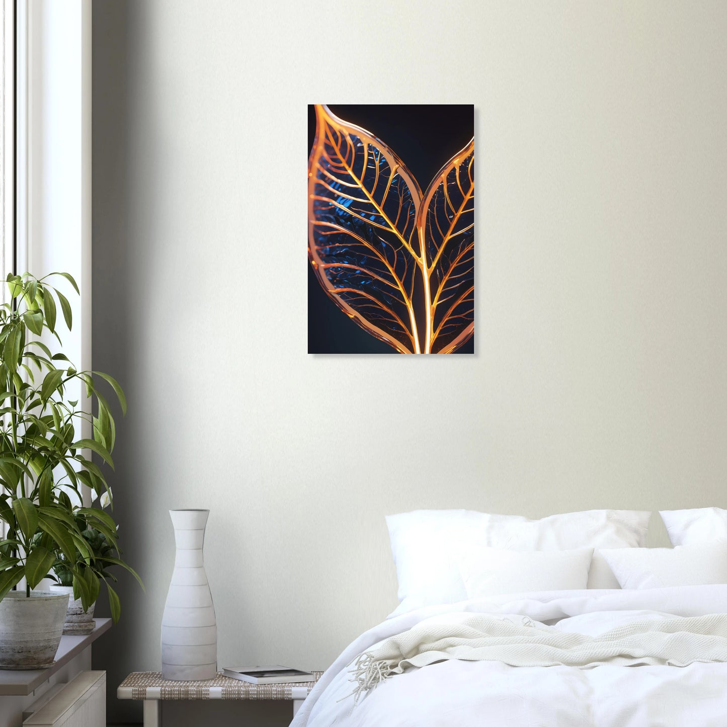 Modernes Wandbild mit zwei goldenen, gläsernen Blättern in Makroaufnahme auf dunklem Hintergrund, Format 40x60 cm. Dibond