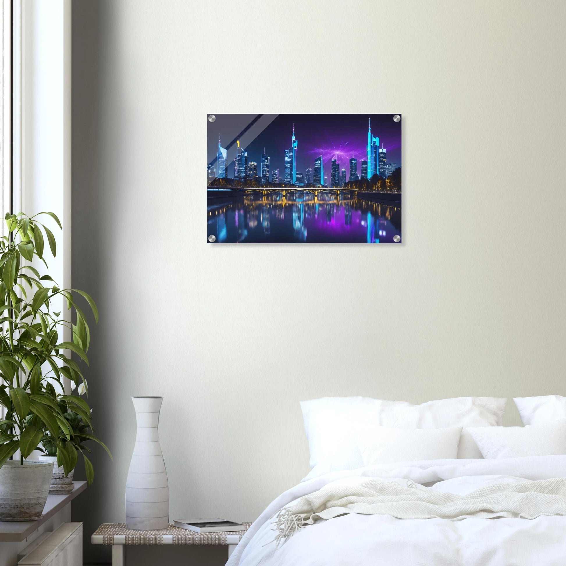 Modernes Wandbild der Frankfurter Skyline bei Nacht mit beleuchteten Wolkenkratzern und violetten Lichteffekten am Himmel. 40x60 cm. Acryl