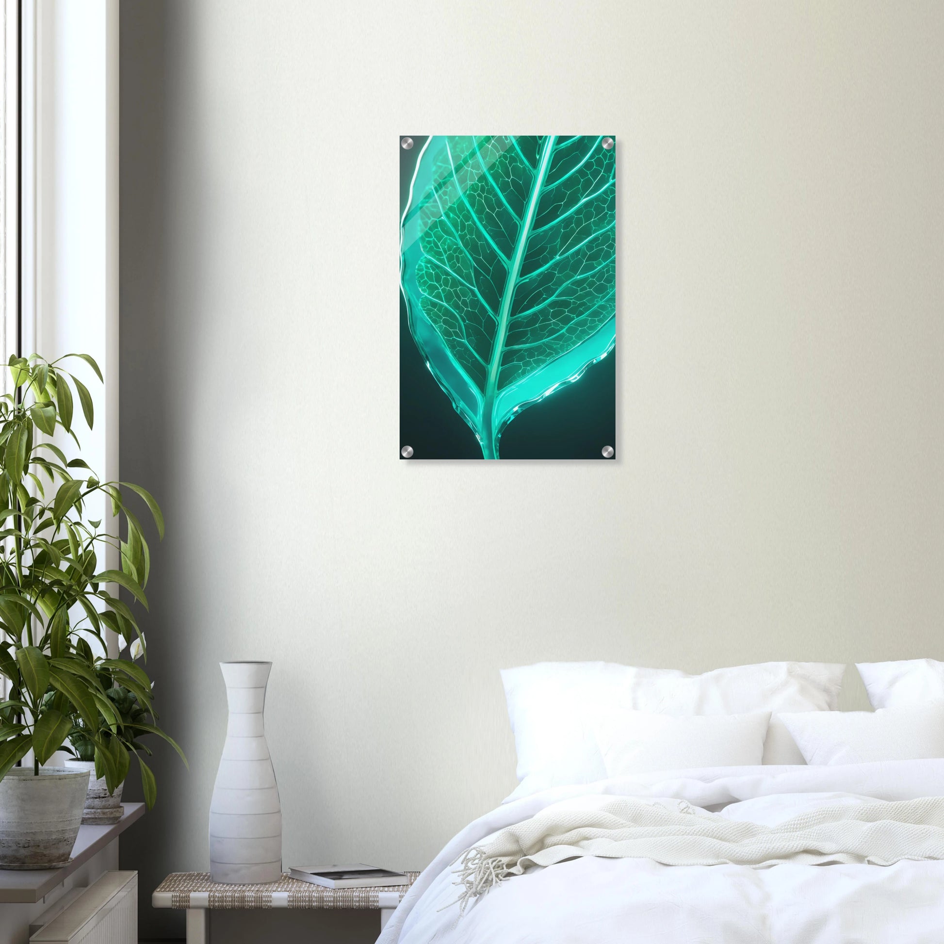 Modernes Wandbild eines leuchtenden, türkisfarbenen Blattes in transparenter Glas-Optik mit sichtbaren Blattadern. 40x60 cm. Acryl