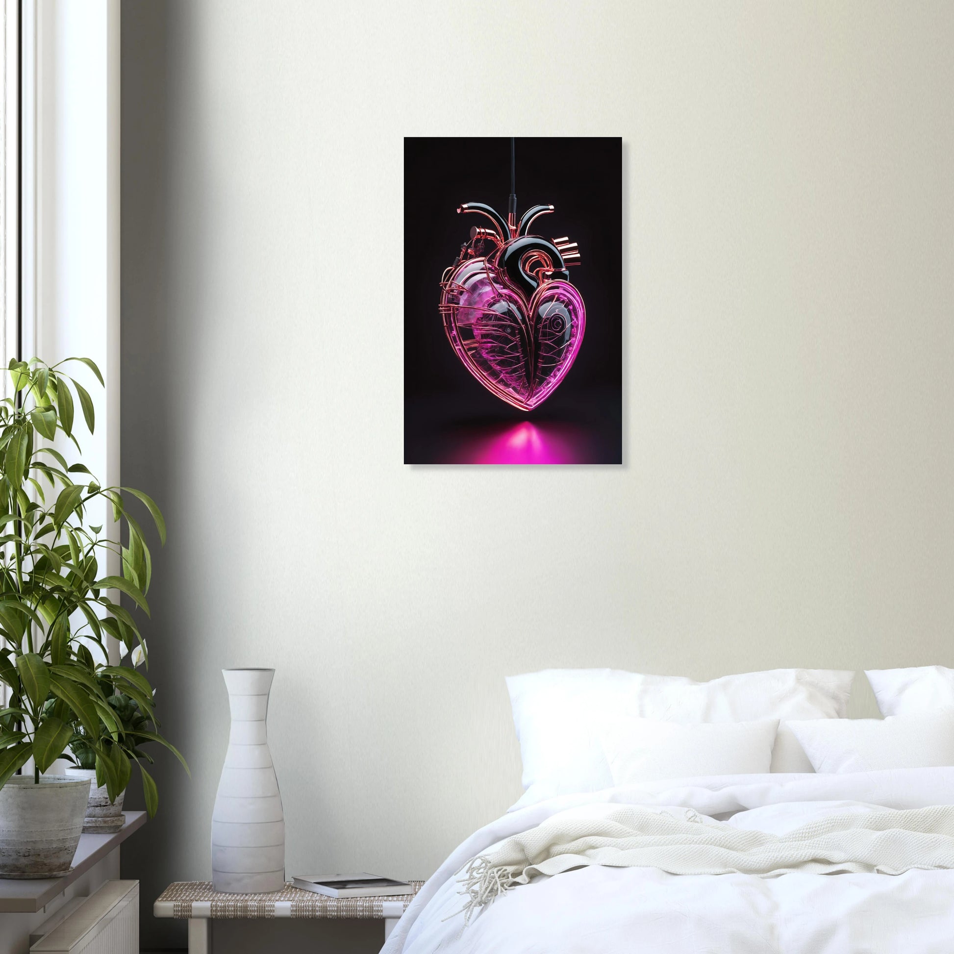 Digitales Kunstwerk eines anatomischen Herzens mit leuchtend pinken Neon-Strukturen und glänzenden schwarzen Oberflächen auf dunklem Grund. 40x60 cm. Dibond