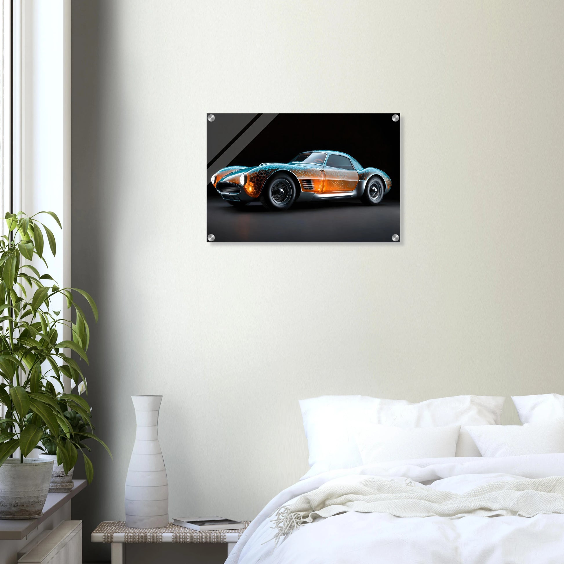 Digitales Kunstwerk eines klassischen Sportwagens mit einer transparenten, bernsteinfarbenen Karosserie und blauen Lichtreflexen. 40x60 cm. Acryl