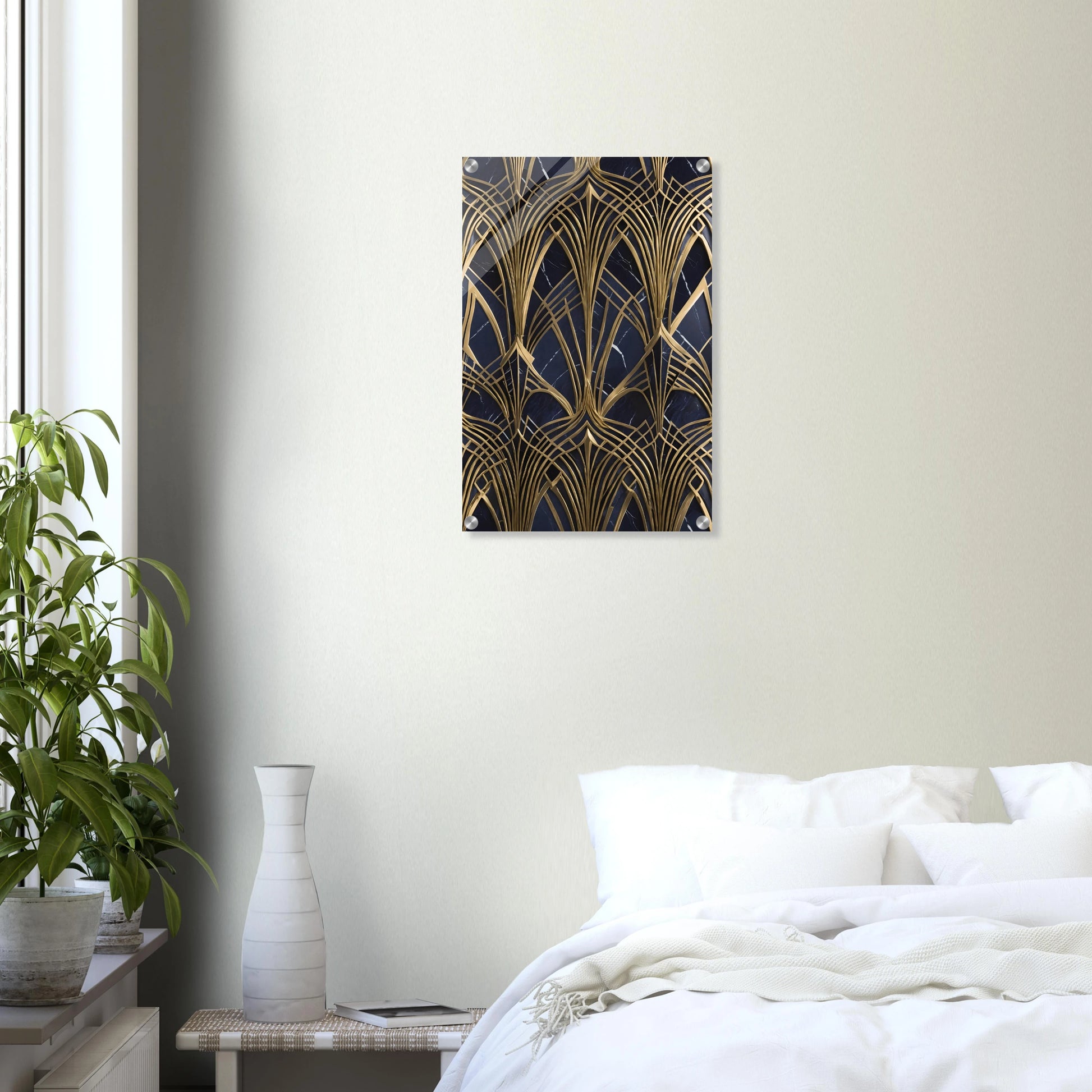 Modernes Wandbild mit goldenen, symmetrischen Art-Déco-Bögen auf einem dunkelblauen, marmorierten Hintergrund. 40x60 cm. Acryl