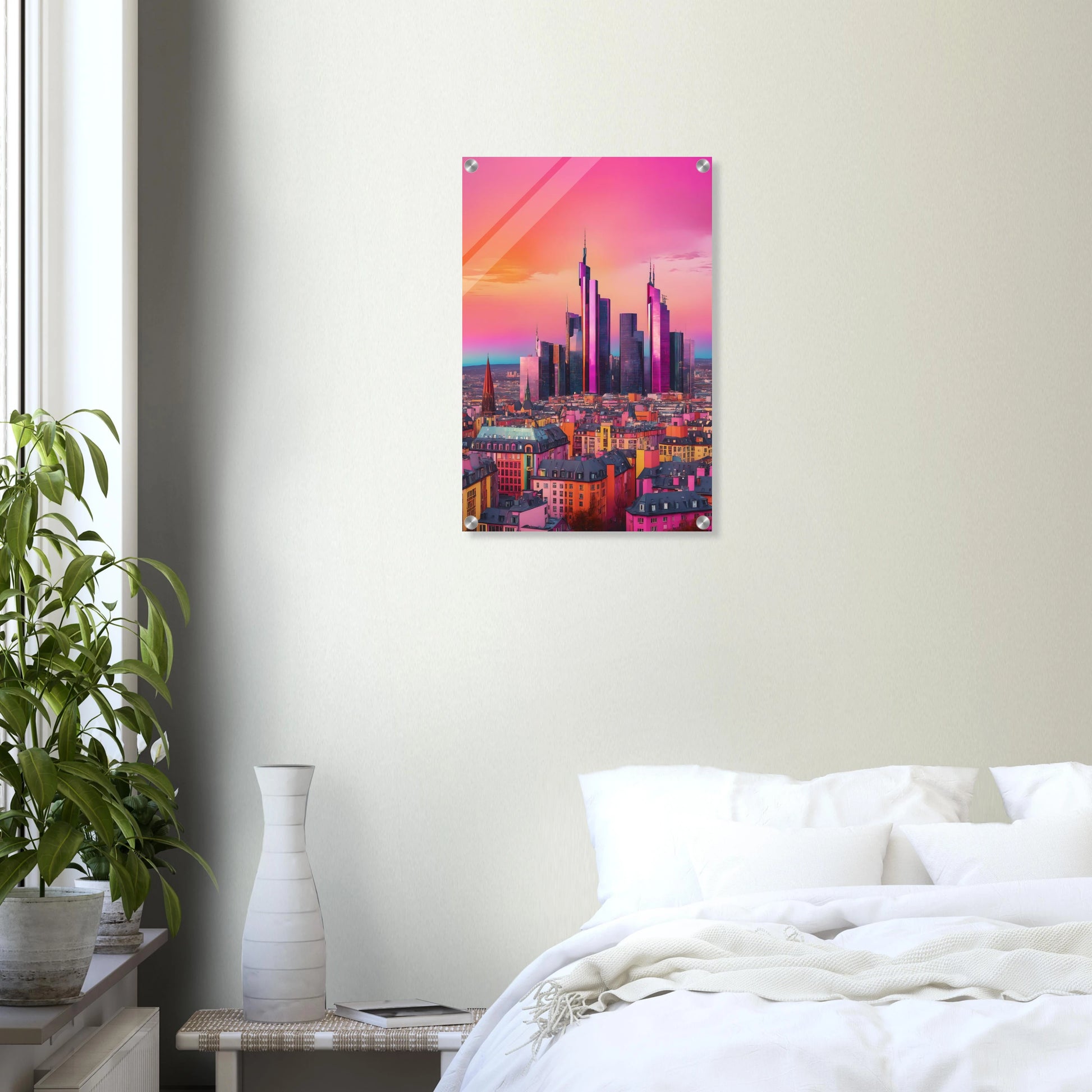 Buntes Wandbild der Frankfurter Skyline in intensiven Pink- und Violetttönen im modernen Pop-Art-Illustrationsstil. 40x60 cm. Acryl