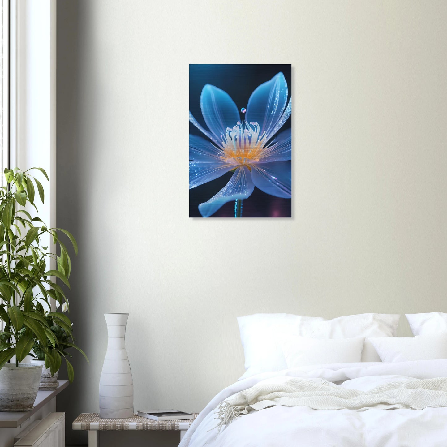 Digitales Wandbild einer blau leuchtenden Blüte mit goldenem Kern und schimmernden Lichtpartikeln auf dunklem Grund. 40x60 cm. Brushed