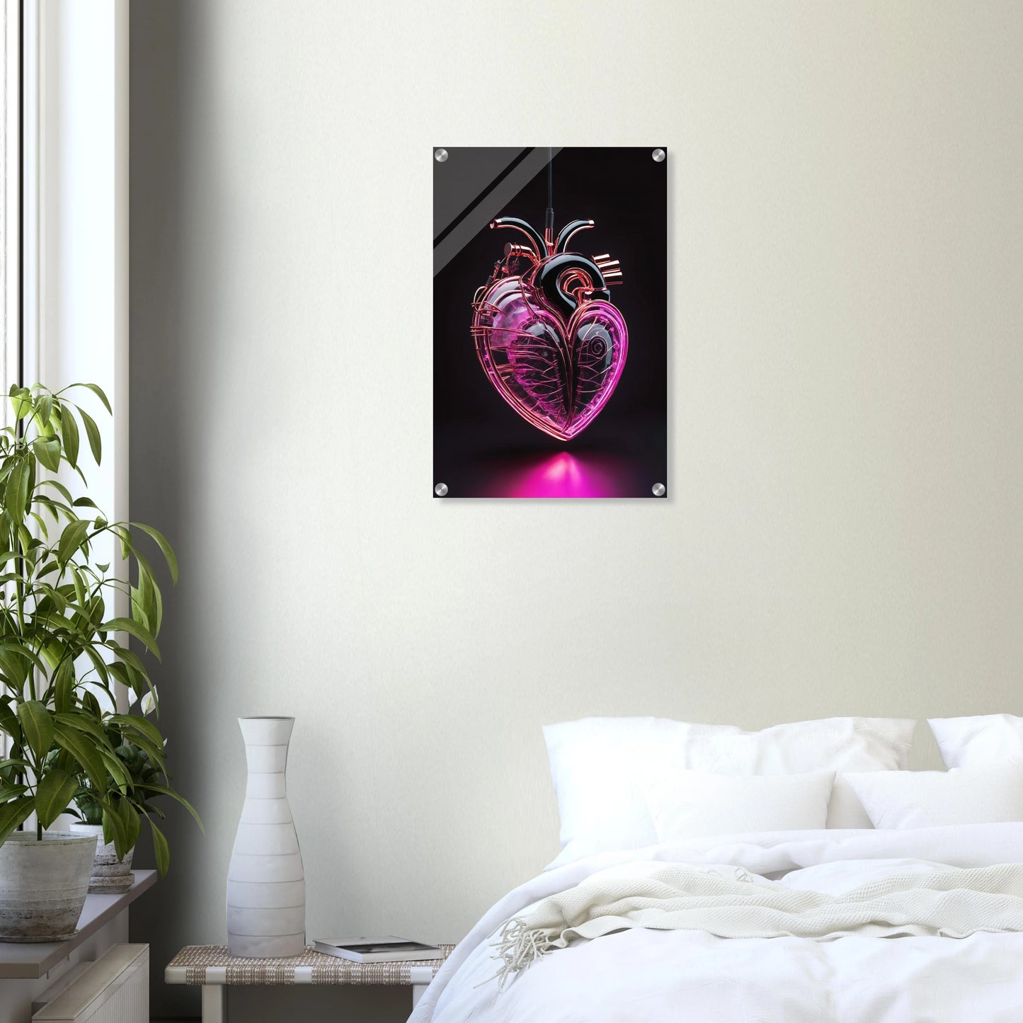 Digitales Kunstwerk eines anatomischen Herzens mit leuchtend pinken Neon-Strukturen und glänzenden schwarzen Oberflächen auf dunklem Grund. 40x60 cm. Acryl
