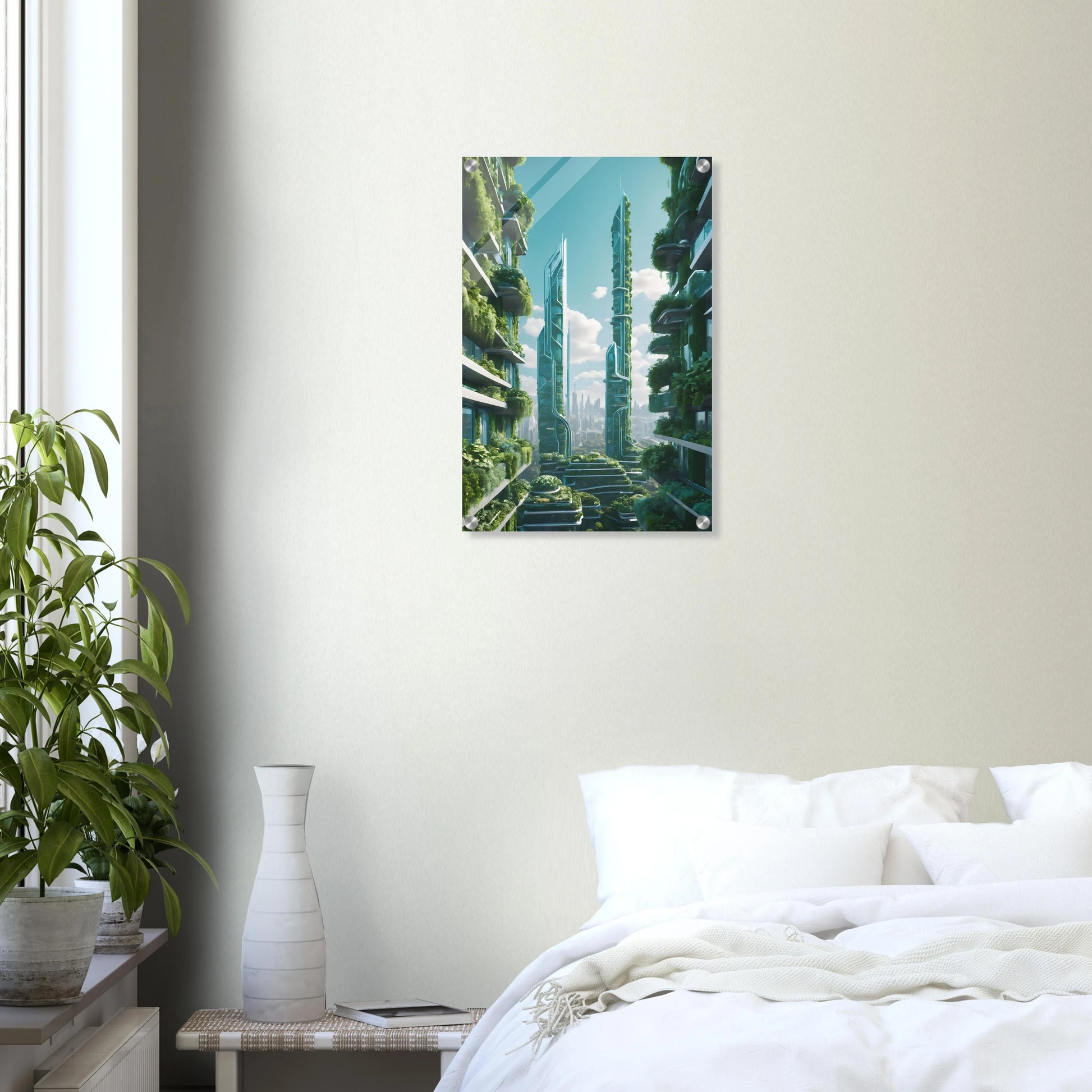 Digitales Kunstwerk einer futuristischen Stadt mit extrem hohen, schlanken Wolkenkratzern, die über und über mit grünen Pflanzen bewachsen sind. 40x60 cm. Acryl