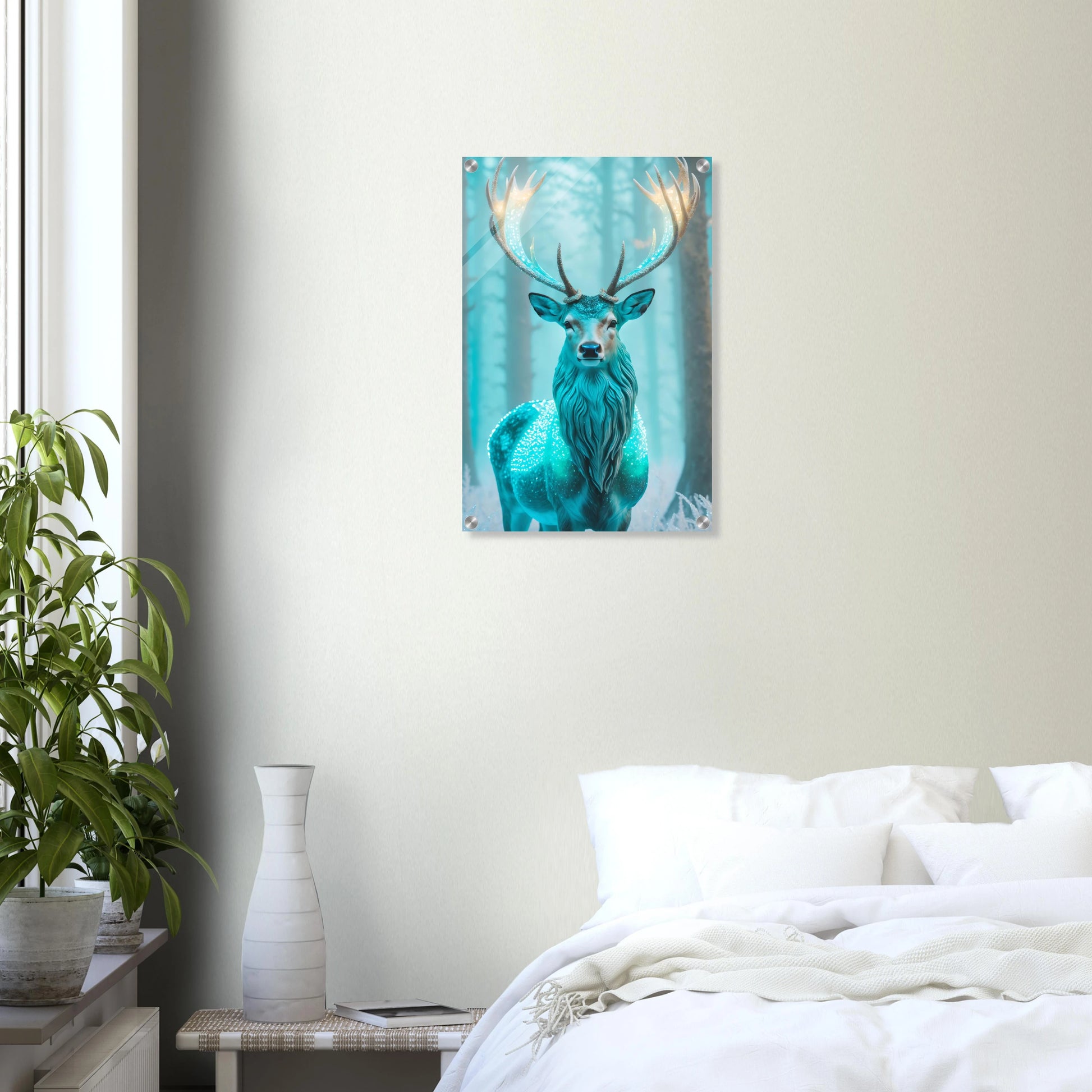 Digitales Kunstwerk eines Hirsches mit einem hell leuchtenden, kristallinen Geweih in einem nebligen blauen Winterwald. 40x60 cm. Acryl