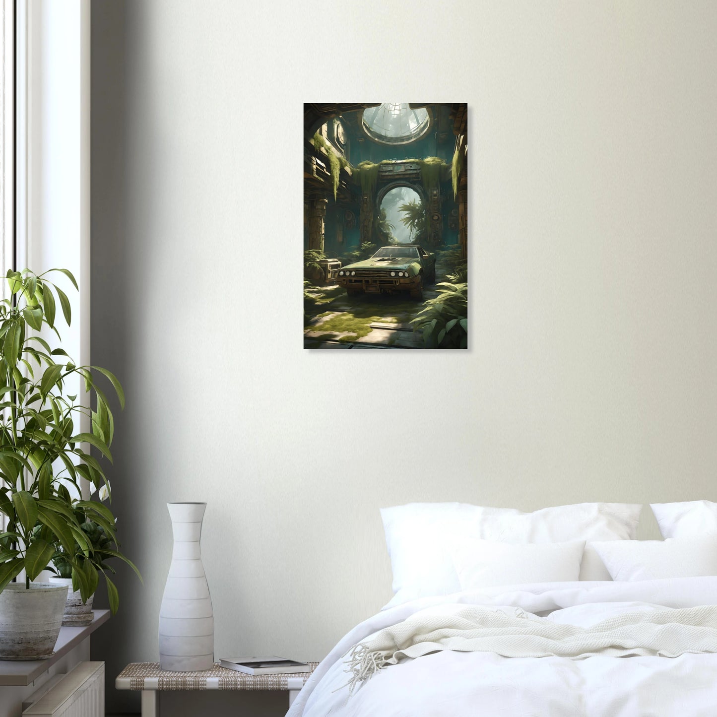 Digitales Kunstwerk eines alten, grünen Autos in einer großen, von Pflanzen und Moos bewachsenen Tempel-Ruine mit Lichteinfall von oben. 40x60 cm. Dibond