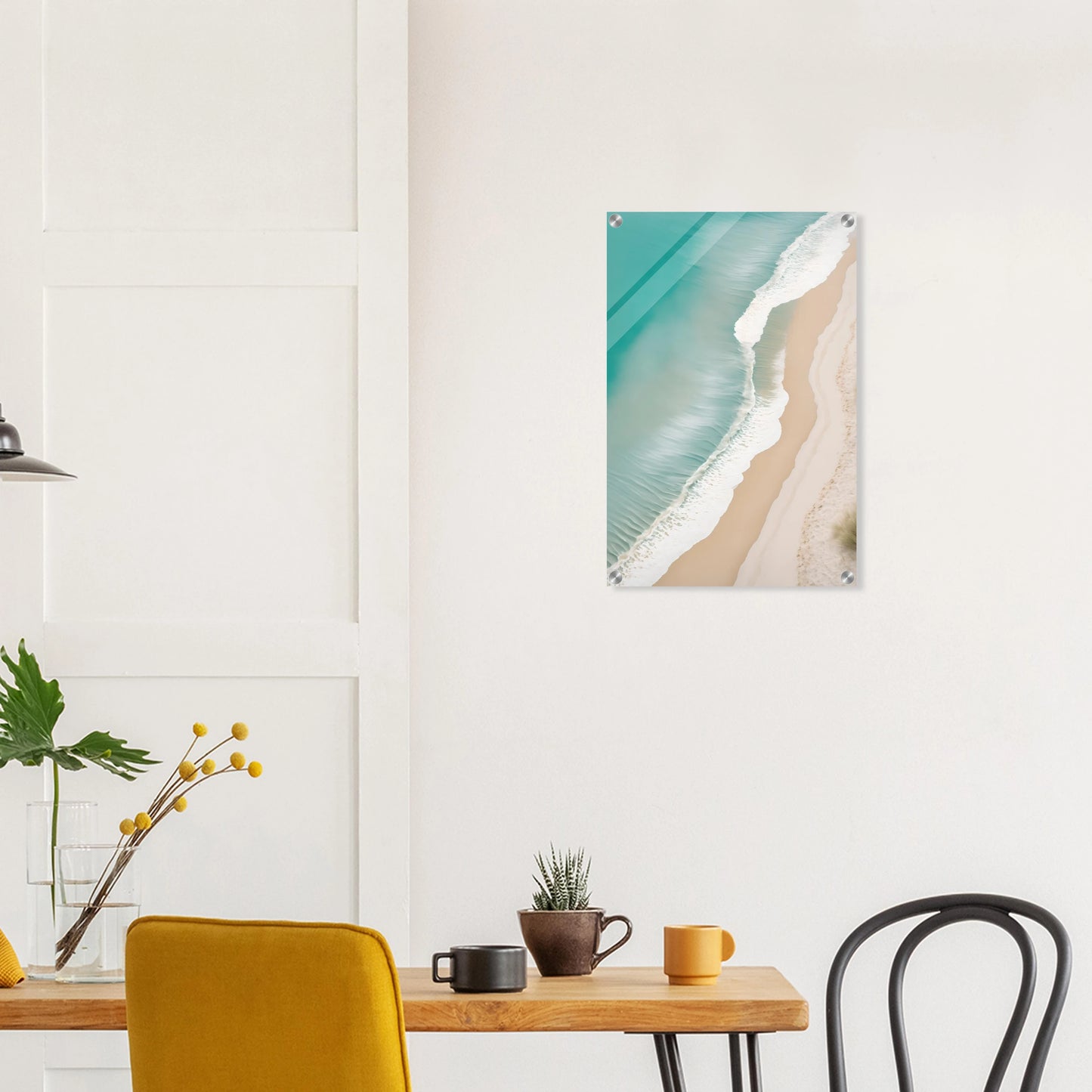 Traumhaftes Strand-Wandbild: Türkisfarbenes Meer und weißer Sand aus der Luftaufnahme. Minimalistisches Küsten-Design für Ihr Zuhause. Jetzt online kaufen! 40x60 cm. Acryl