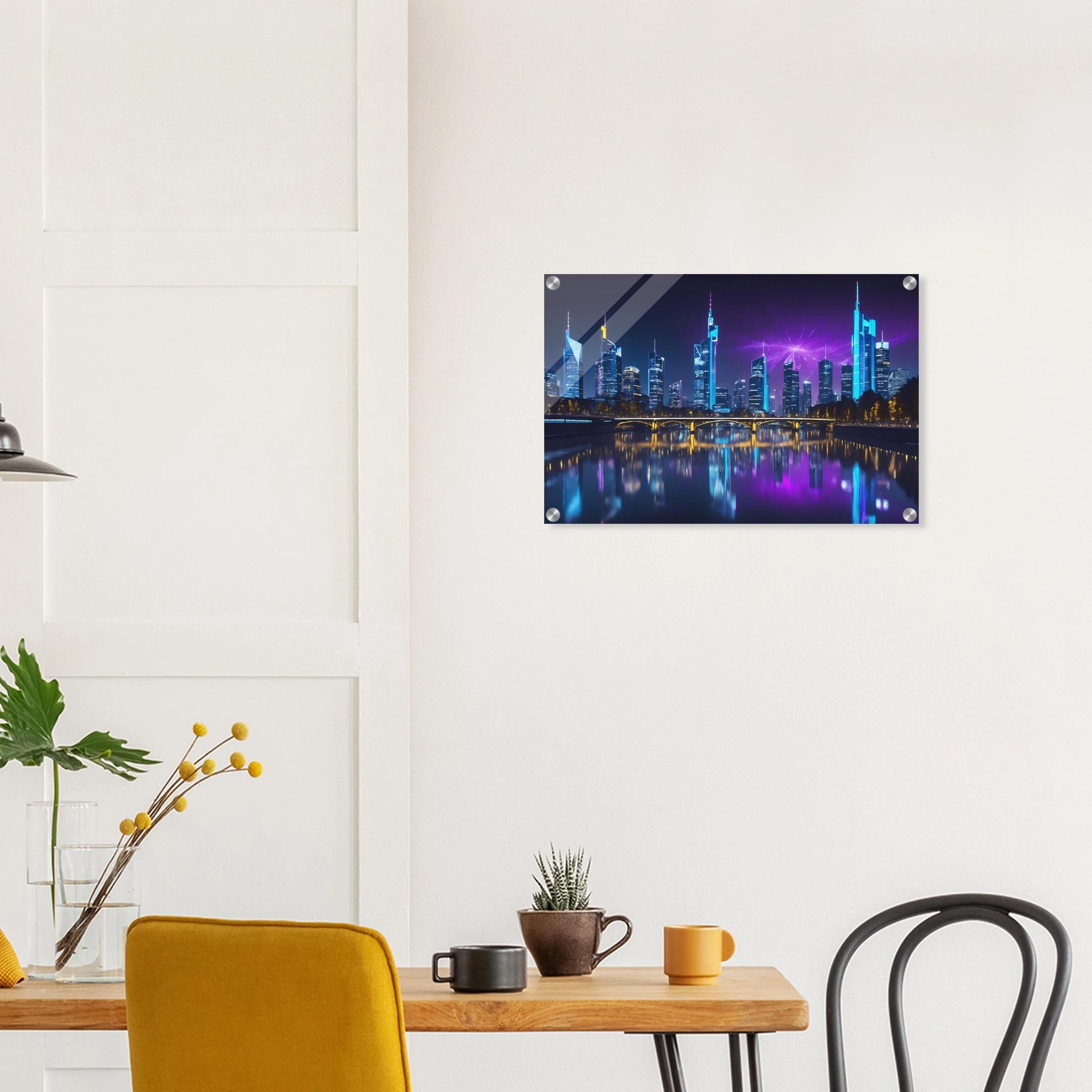 Modernes Wandbild der Frankfurter Skyline bei Nacht mit beleuchteten Wolkenkratzern und violetten Lichteffekten am Himmel. 40x60 cm. Acryl