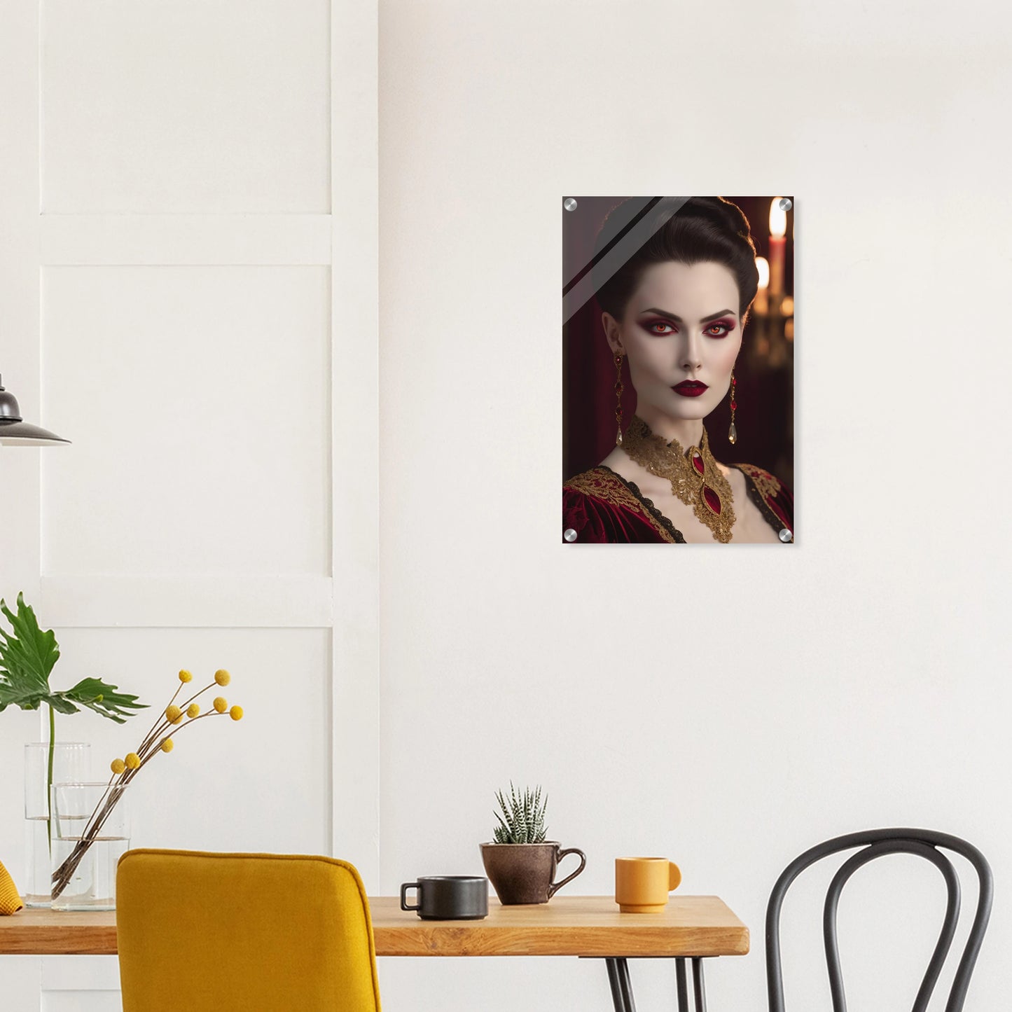 Digitales Porträt einer Frau im Gothic-Stil mit rot leuchtenden Augen, dunklem Haar und opulentem gold-rotem Halsschmuck. 40x60 cm. Acryl