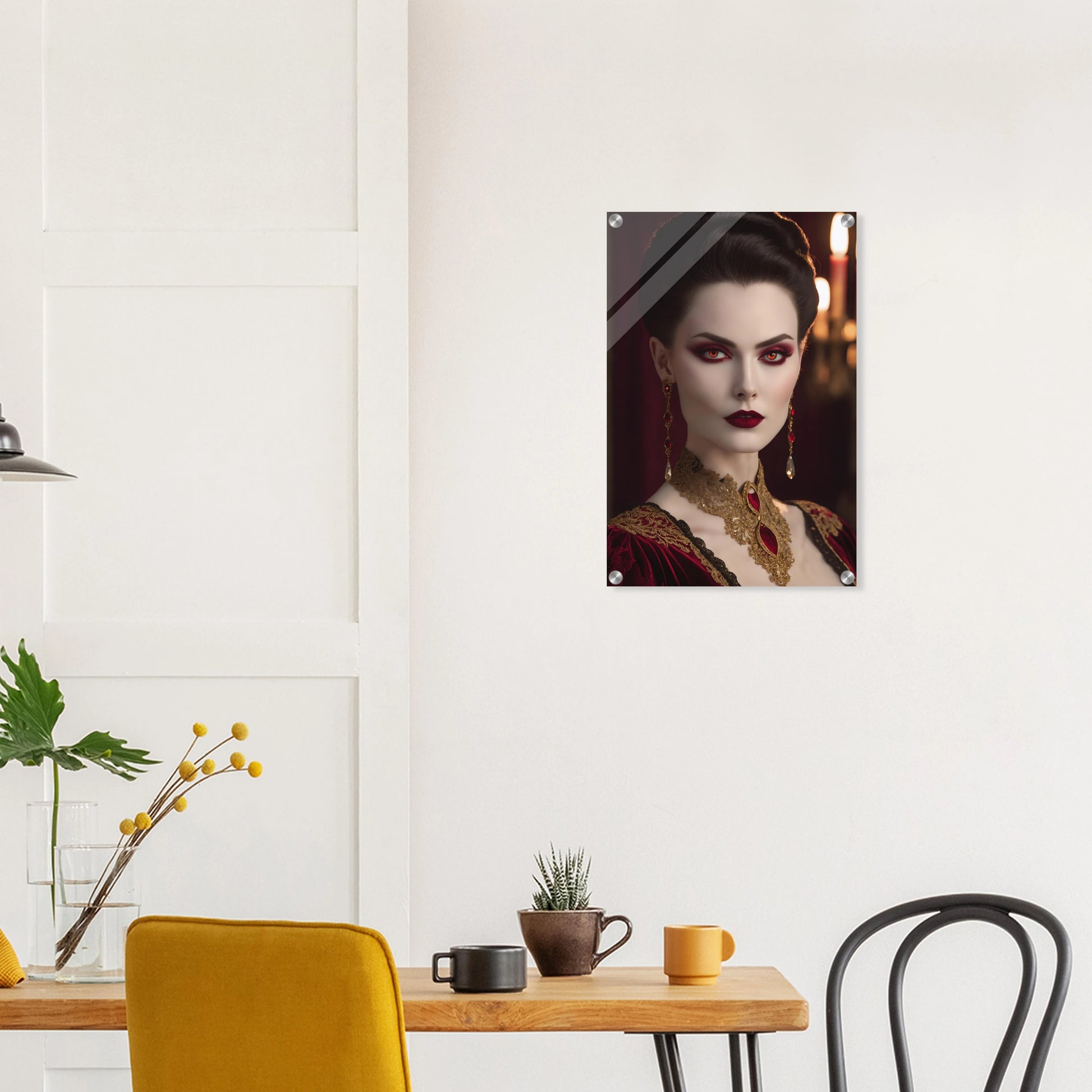 Digitales Porträt einer Frau im Gothic-Stil mit rot leuchtenden Augen, dunklem Haar und opulentem gold-rotem Halsschmuck. 40x60 cm. Acryl