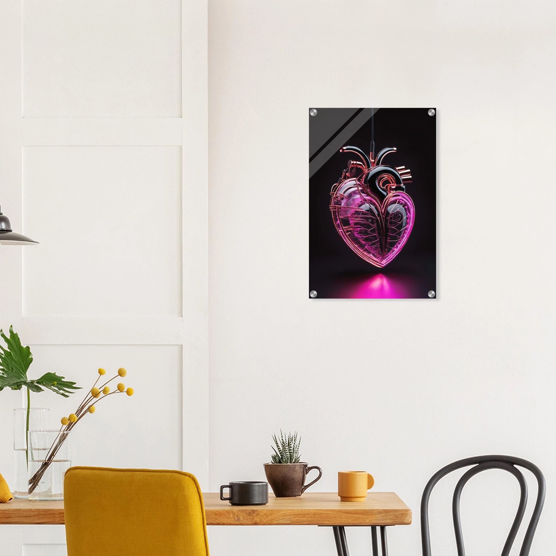 Digitales Kunstwerk eines anatomischen Herzens mit leuchtend pinken Neon-Strukturen und glänzenden schwarzen Oberflächen auf dunklem Grund. 40x60 cm. Acryl