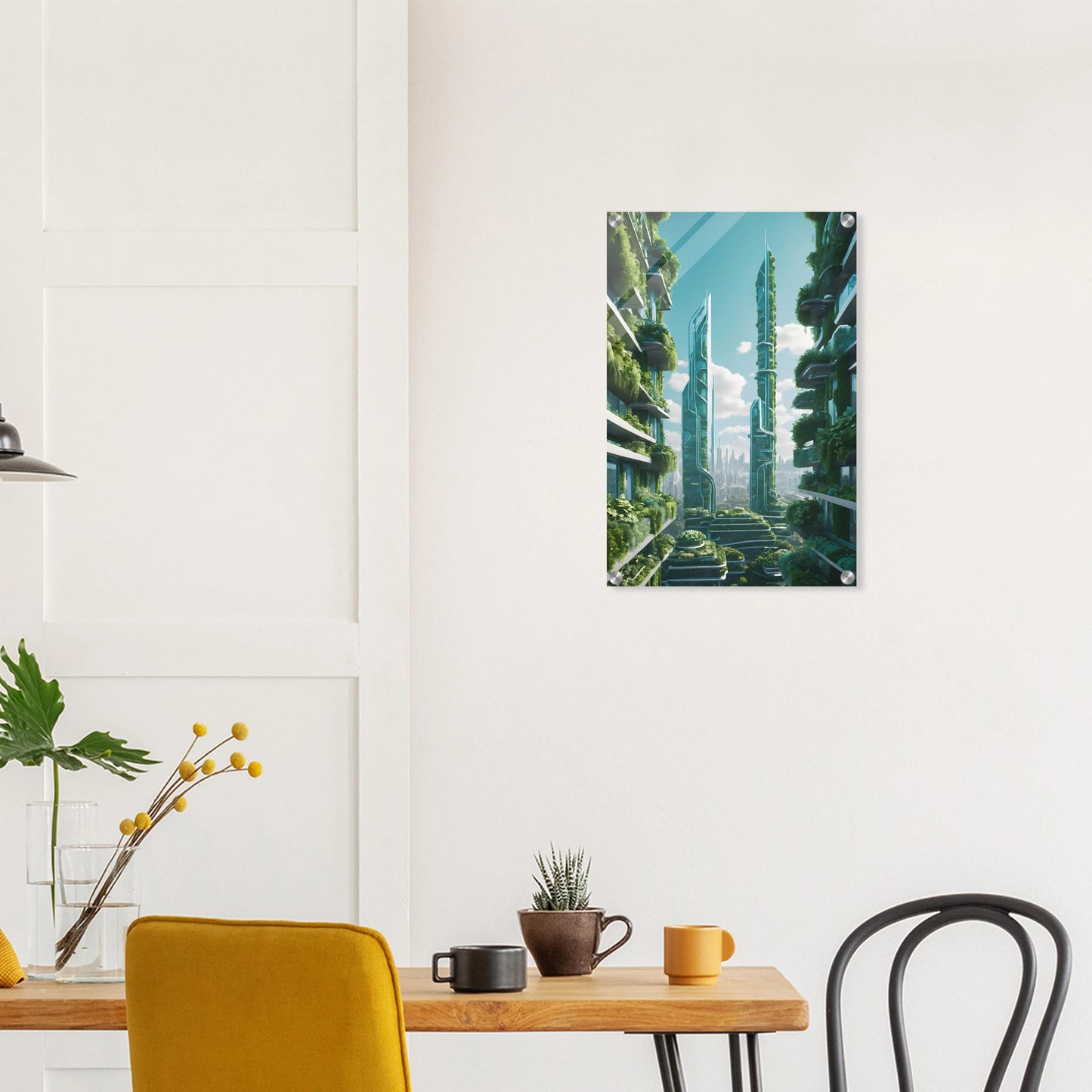 Digitales Kunstwerk einer futuristischen Stadt mit extrem hohen, schlanken Wolkenkratzern, die über und über mit grünen Pflanzen bewachsen sind. 40x60 cm. Acryl