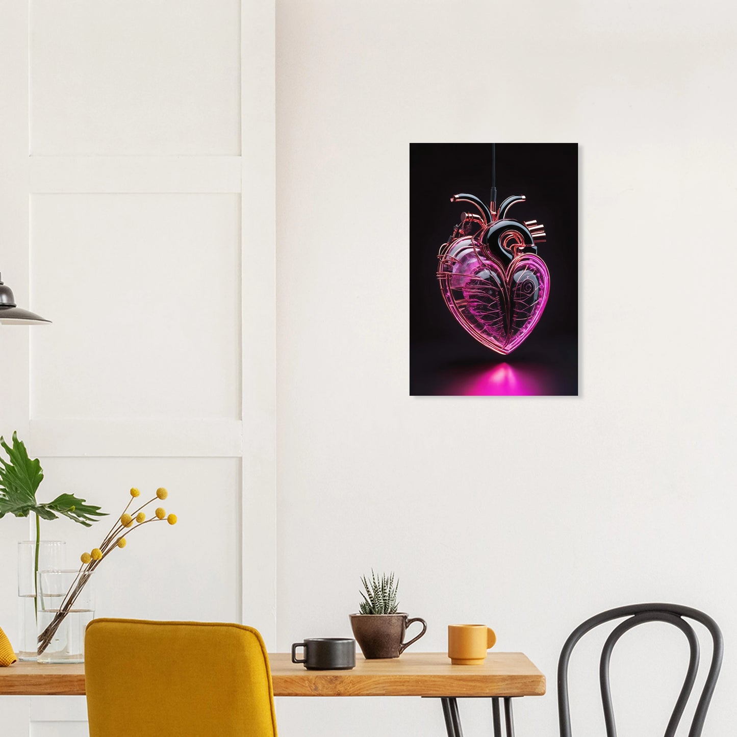 Digitales Kunstwerk eines anatomischen Herzens mit leuchtend pinken Neon-Strukturen und glänzenden schwarzen Oberflächen auf dunklem Grund. 40x60 cm. Dibond