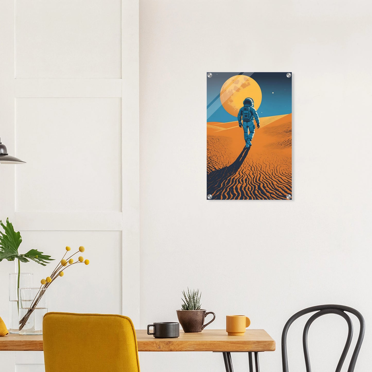 Illustration eines Astronauten, der bei Nacht durch eine orangefarbene Wüstenlandschaft unter einem großen Vollmond wandert. 40x60 cm. Acryl