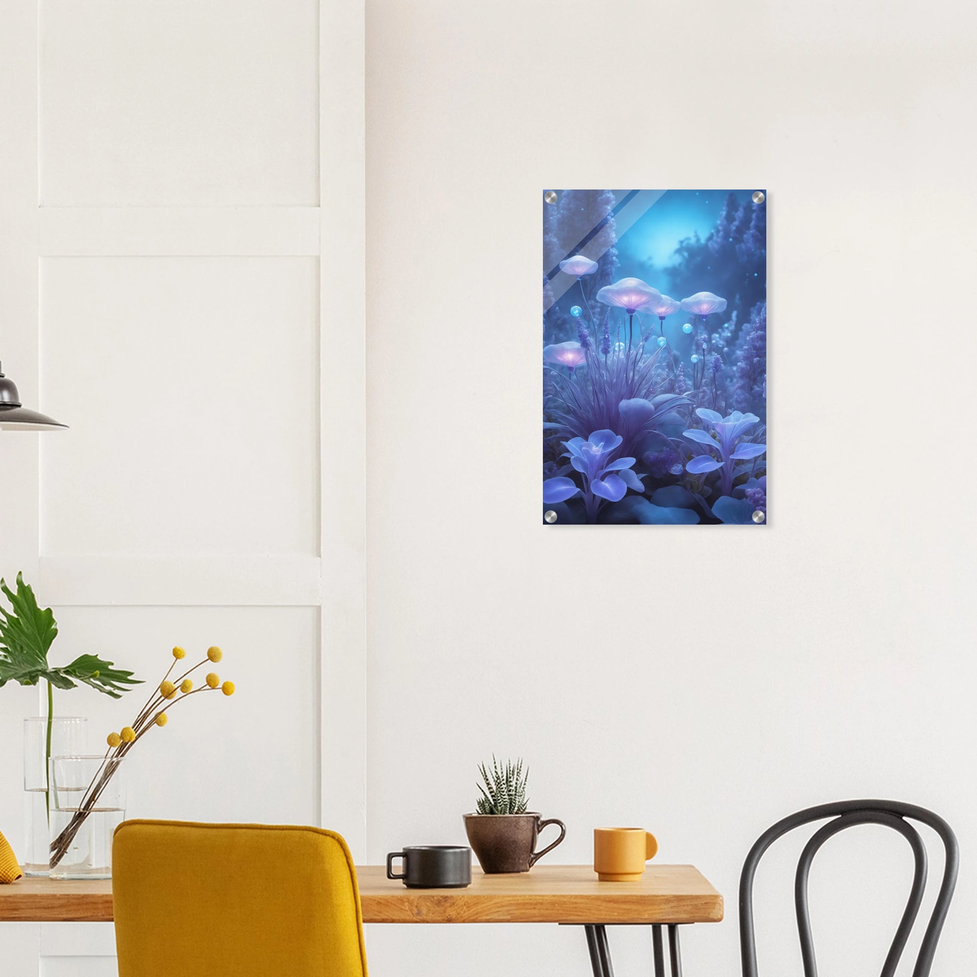 Digitales Kunstwerk einer fantastischen Waldlandschaft mit biolumineszenten, blau leuchtenden Pilzen und Blumen in sanftem Licht. 40x60 cm. Acryl