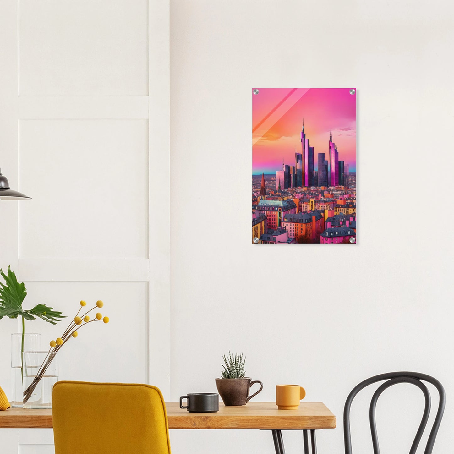 Buntes Wandbild der Frankfurter Skyline in intensiven Pink- und Violetttönen im modernen Pop-Art-Illustrationsstil. 40x60 cm. Acryl