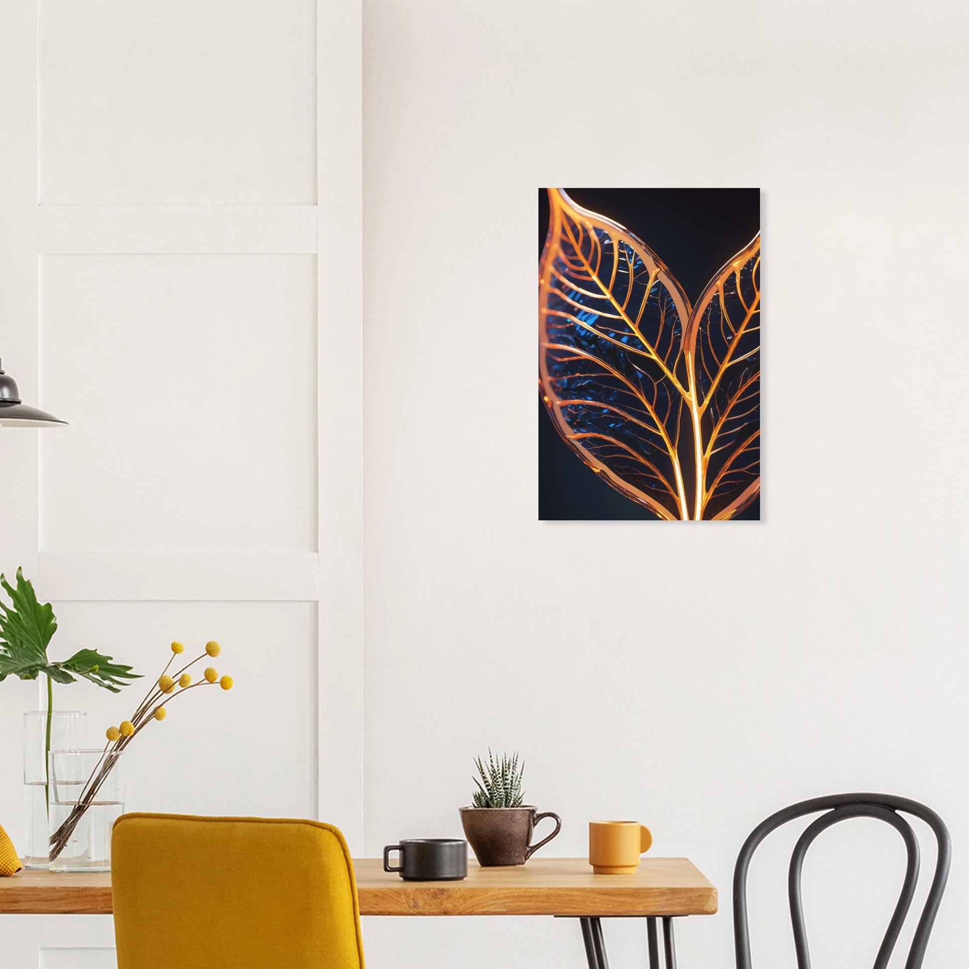 Modernes Wandbild mit zwei goldenen, gläsernen Blättern in Makroaufnahme auf dunklem Hintergrund, Format 40x60 cm. Dibond