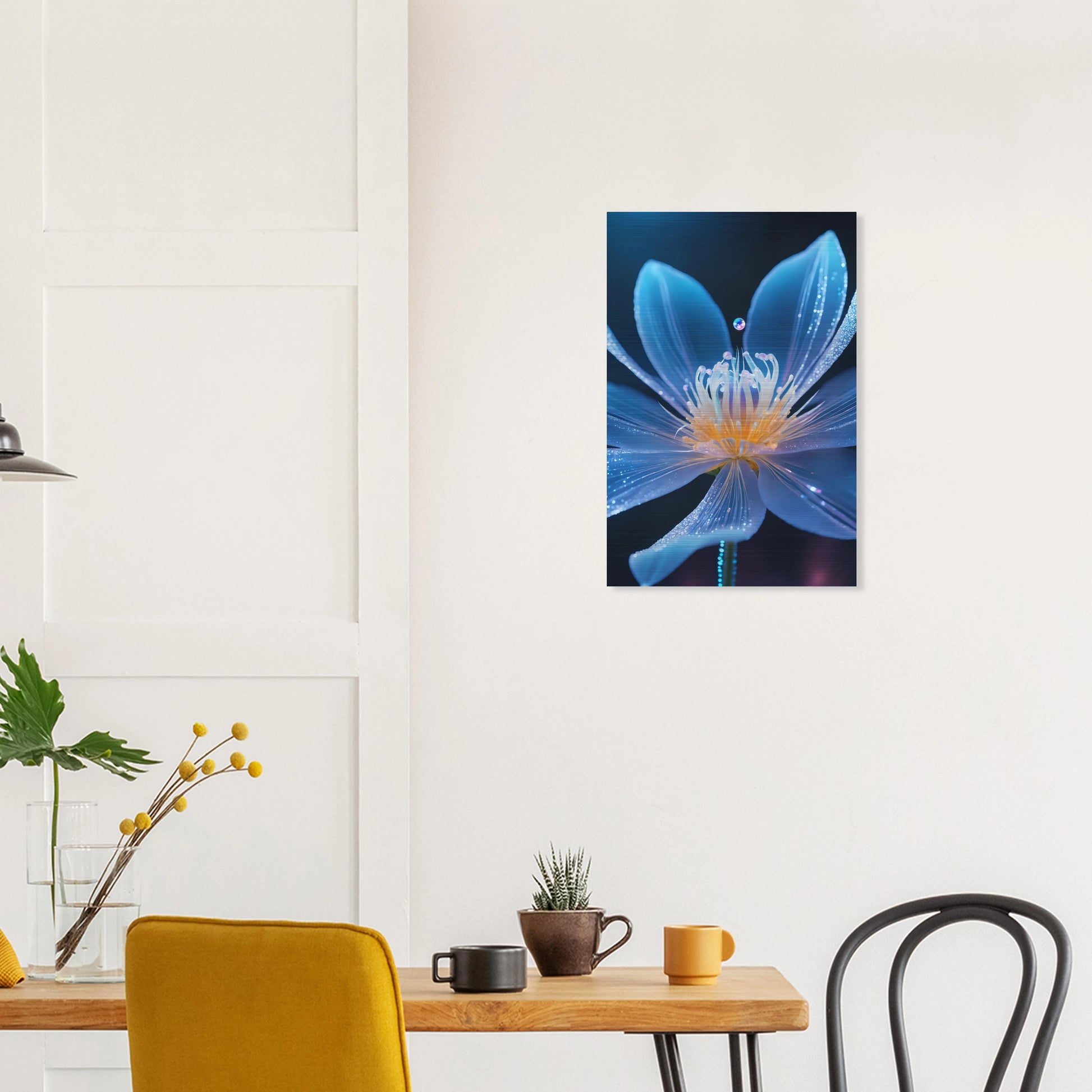 Digitales Wandbild einer blau leuchtenden Blüte mit goldenem Kern und schimmernden Lichtpartikeln auf dunklem Grund. 40x60 cm. Brushed