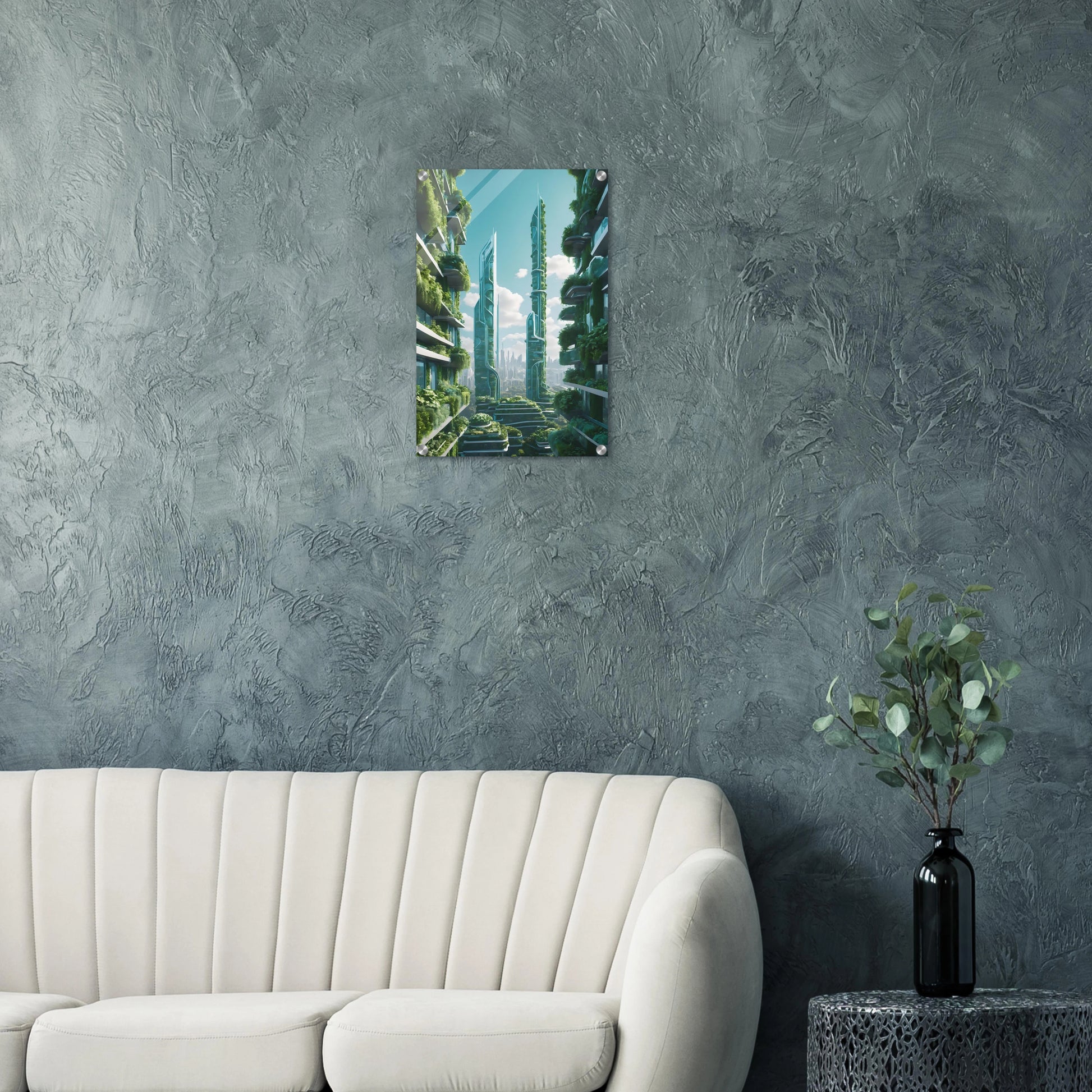 Digitales Kunstwerk einer futuristischen Stadt mit extrem hohen, schlanken Wolkenkratzern, die über und über mit grünen Pflanzen bewachsen sind. 40x60 cm. Acryl