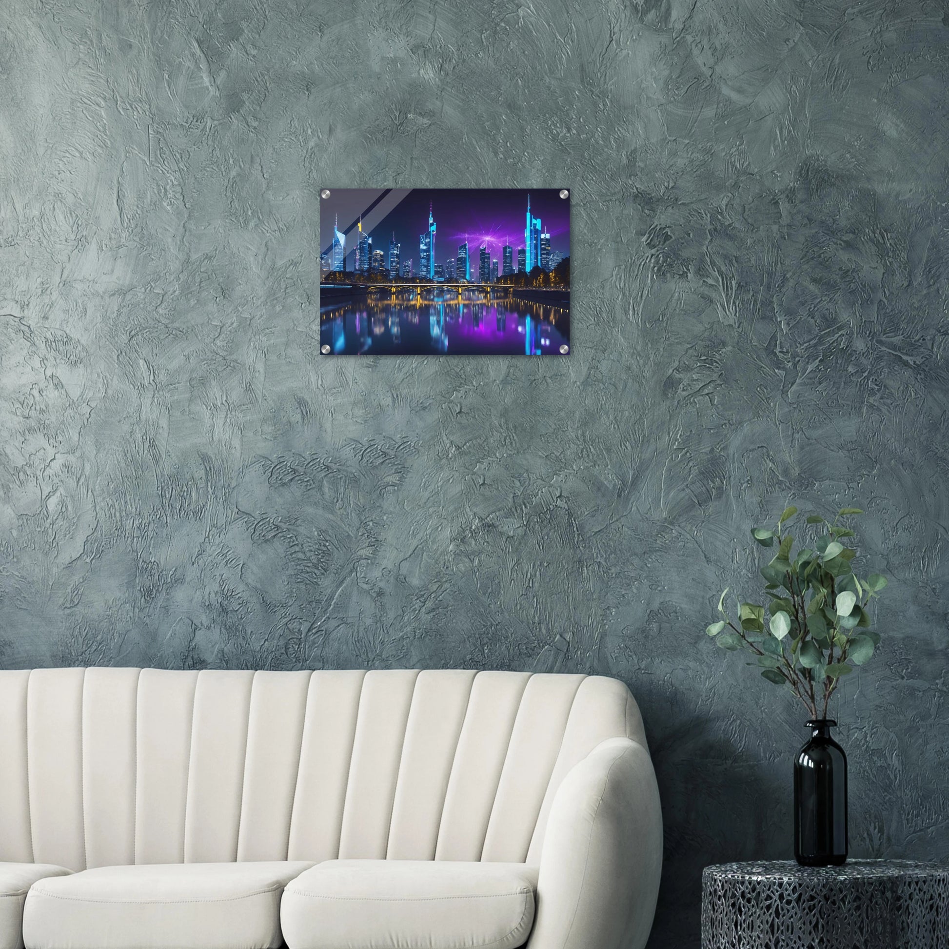 Modernes Wandbild der Frankfurter Skyline bei Nacht mit beleuchteten Wolkenkratzern und violetten Lichteffekten am Himmel. 40x60 cm. Acryl
