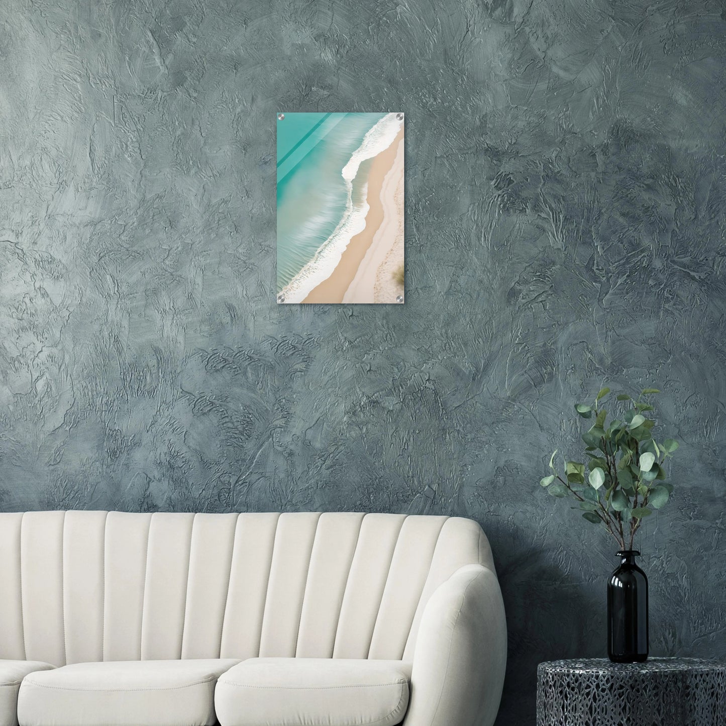 Traumhaftes Strand-Wandbild: Türkisfarbenes Meer und weißer Sand aus der Luftaufnahme. Minimalistisches Küsten-Design für Ihr Zuhause. Jetzt online kaufen! 40x60 cm. Acryl