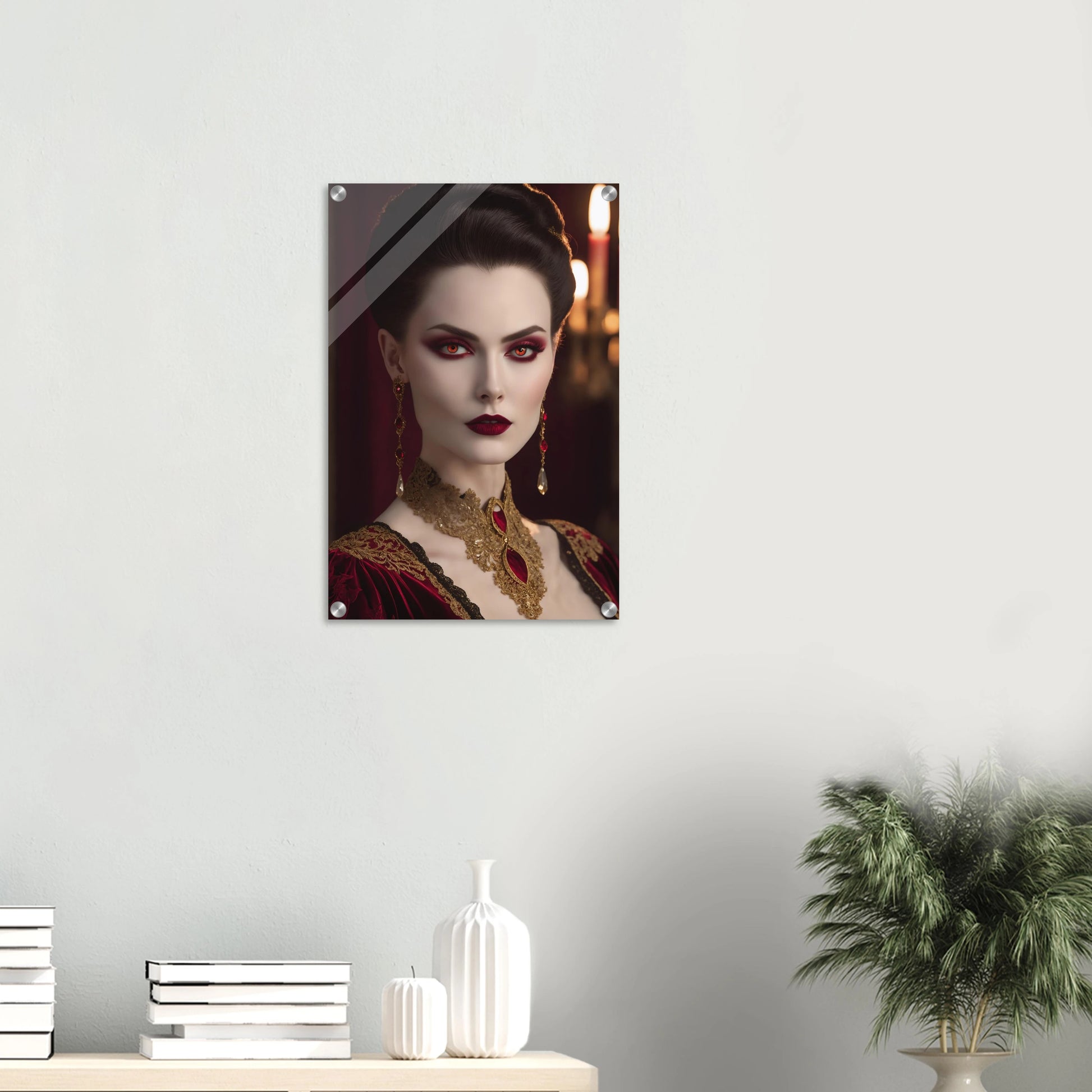 Digitales Porträt einer Frau im Gothic-Stil mit rot leuchtenden Augen, dunklem Haar und opulentem gold-rotem Halsschmuck. 40x60 cm. Acryl