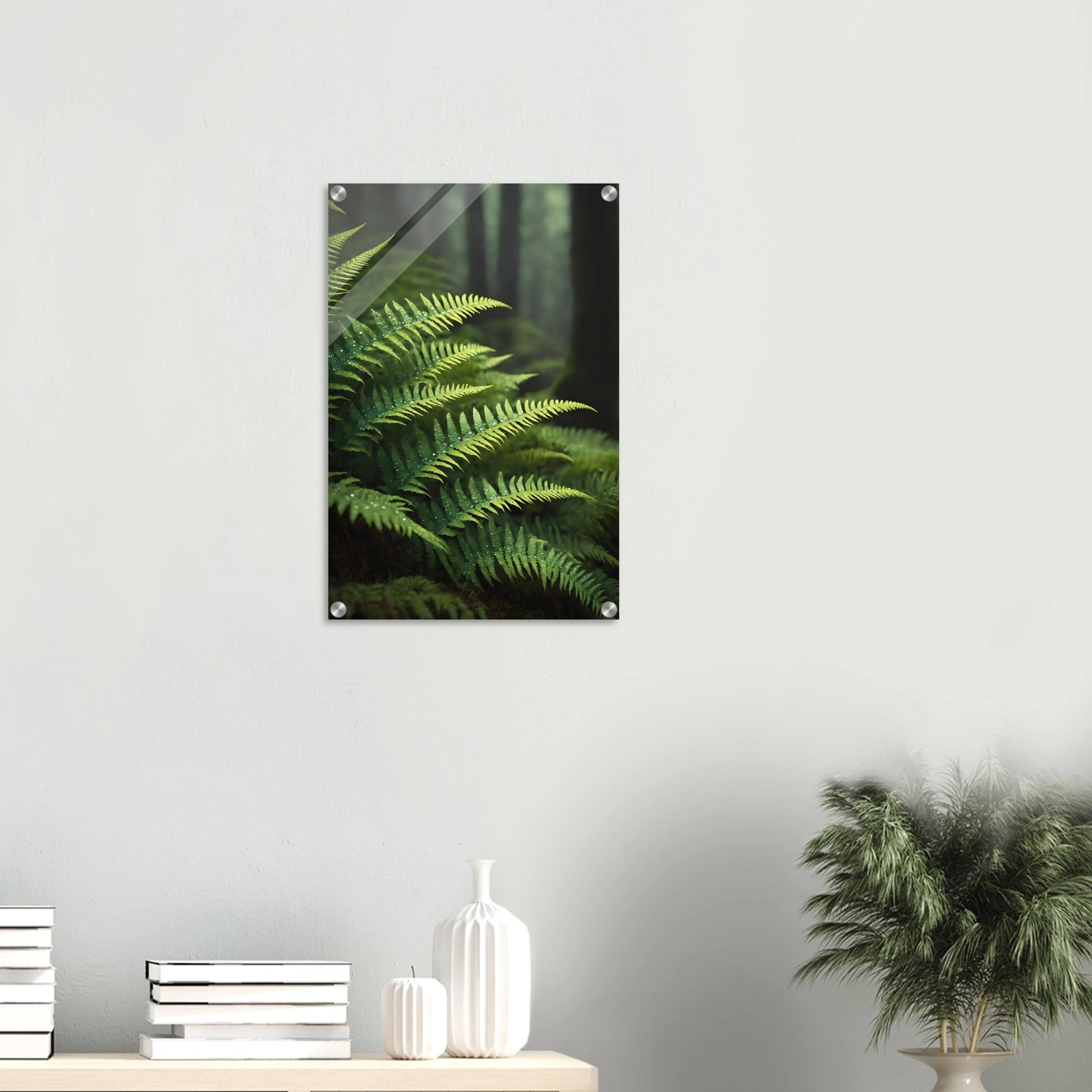 Nahaufnahme von grünen Farnwedeln mit Tautropfen in einem dichten, nebligen Wald mit weichem Hintergrund. 40x60 cm. Acryl