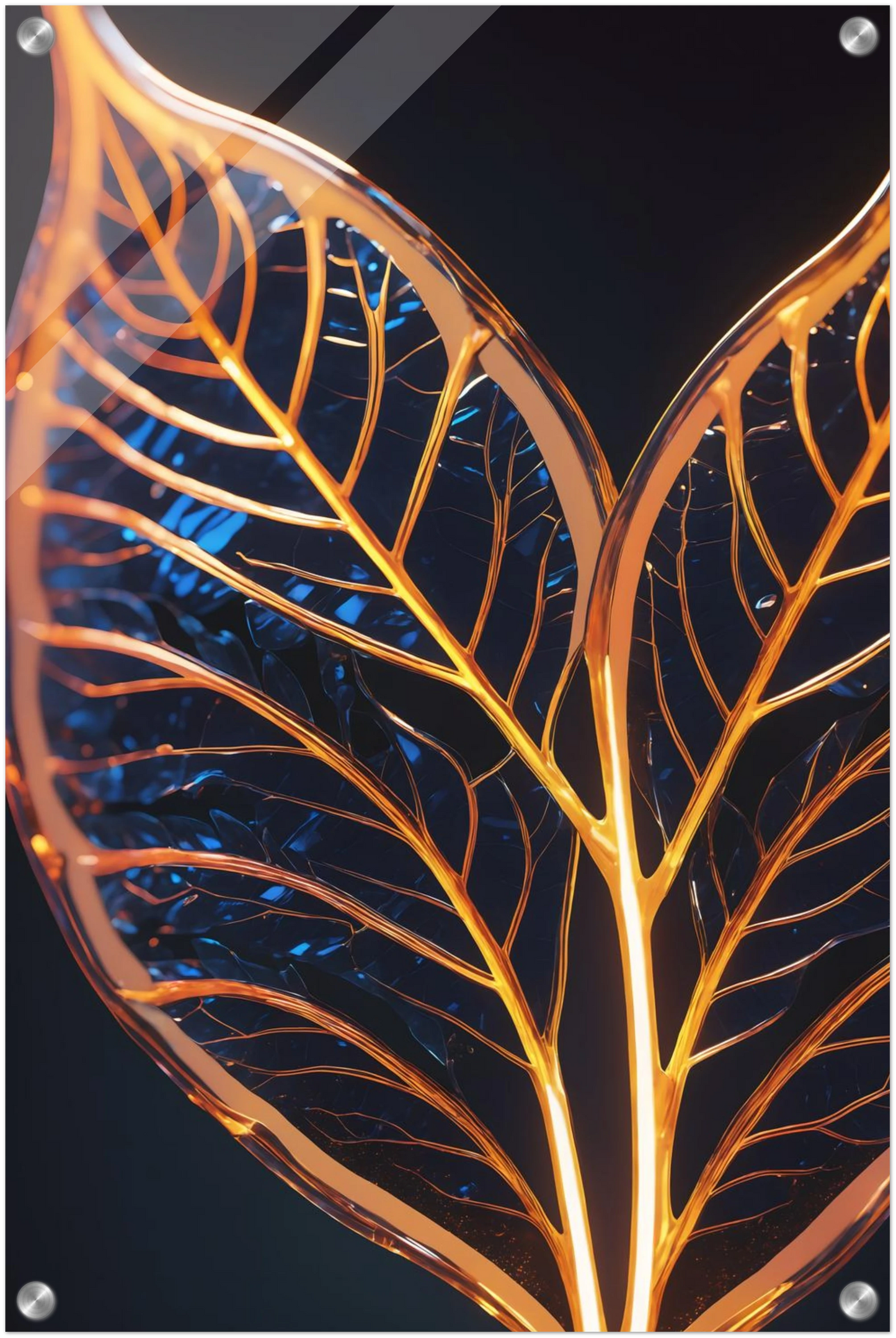 Modernes Wandbild mit zwei goldenen, gläsernen Blättern in Makroaufnahme auf dunklem Hintergrund, Format 40x60 cm. Acryl