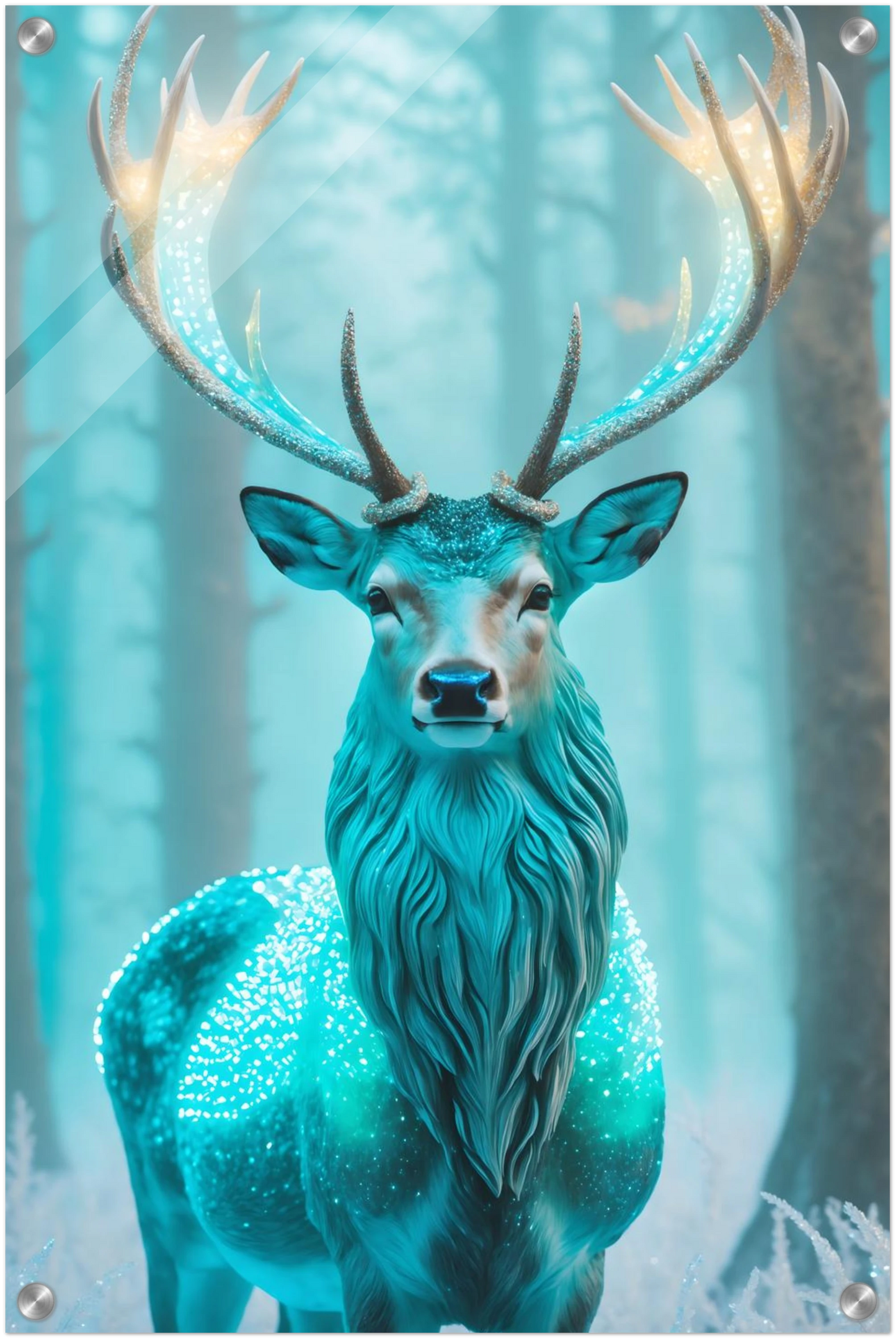 Digitales Kunstwerk eines Hirsches mit einem hell leuchtenden, kristallinen Geweih in einem nebligen blauen Winterwald. 40x60 cm. Acryl