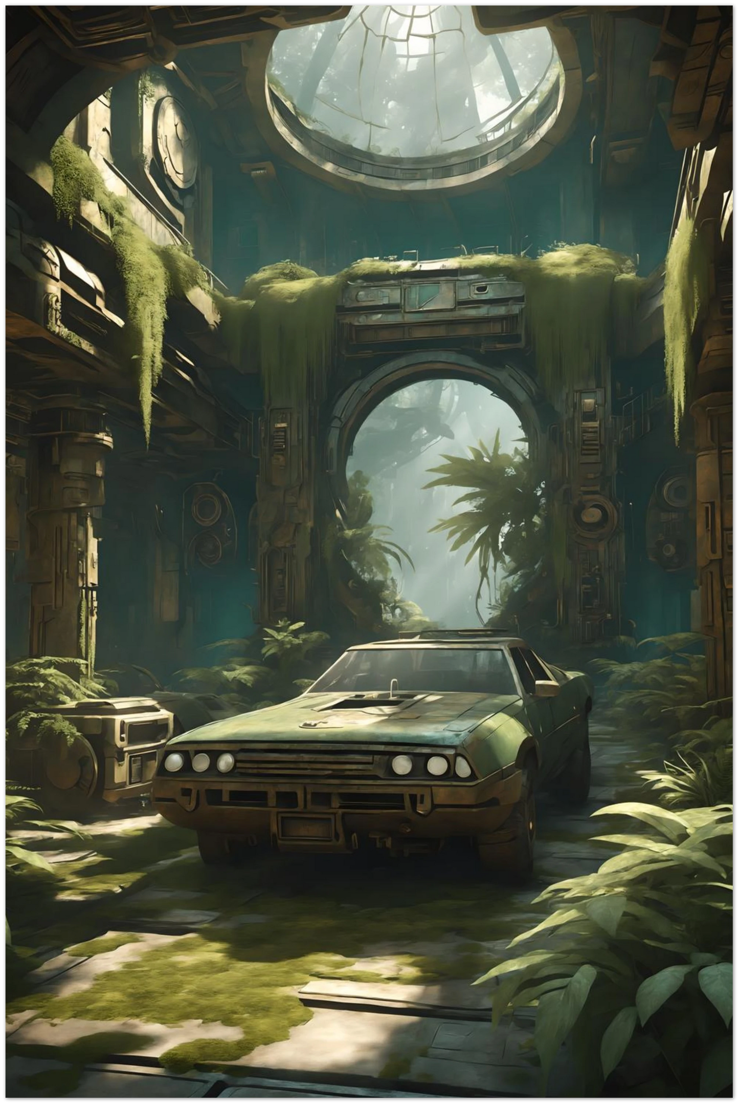 Digitales Kunstwerk eines alten, grünen Autos in einer großen, von Pflanzen und Moos bewachsenen Tempel-Ruine mit Lichteinfall von oben. 40x60 cm. Dibond