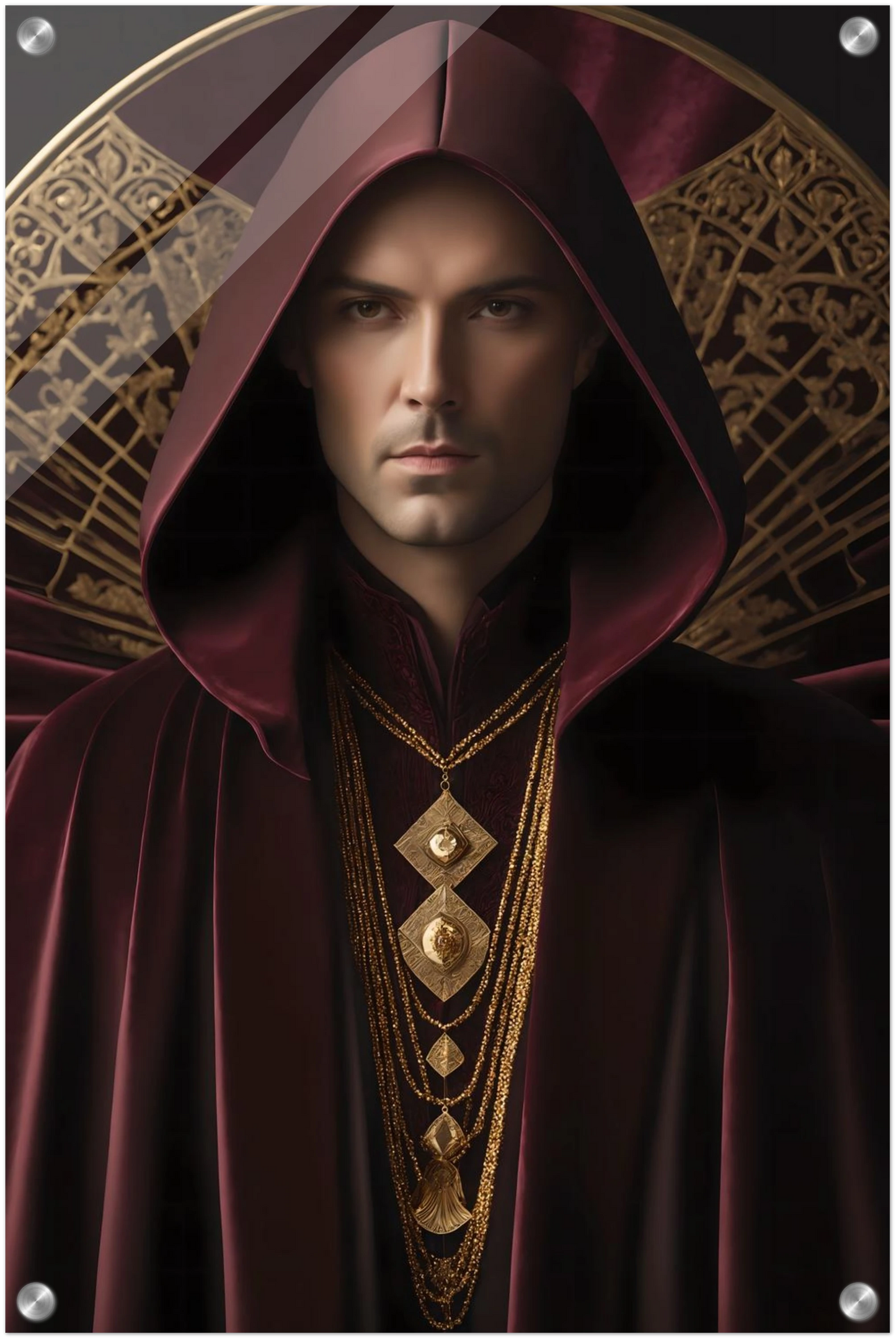 Digitales Kunstwerk einer männlichen Gestalt mit purpurner Kapuze, goldenen Ketten und kunstvollem Hintergrund. 40x60 cm. Acryl