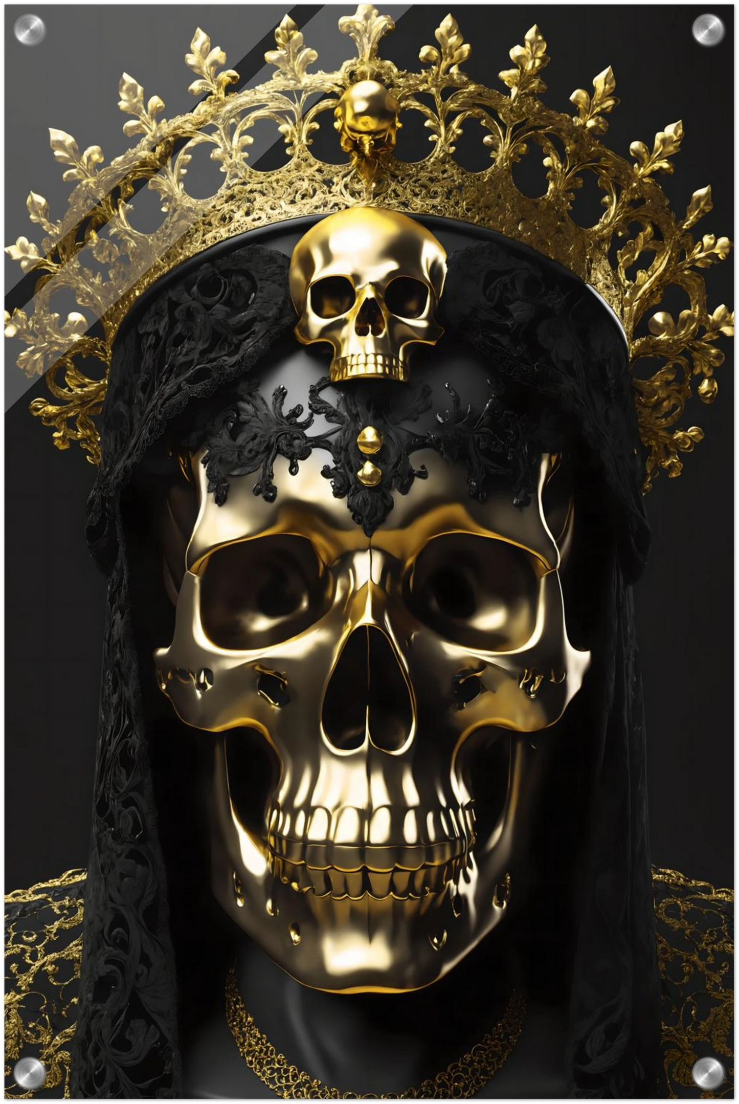 Modernes Wandbild eines golden glänzenden Schädels mit einer großen, filigranen Goldkrone vor dunklem Hintergrund. 40x60 cm. Acryl